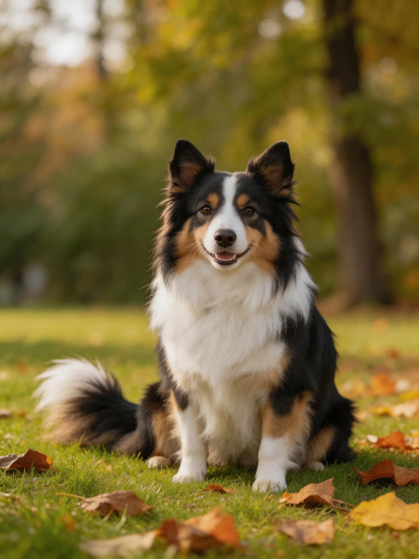A tricolor dog sits on grass surrounded by autumn leaves under bright daylight