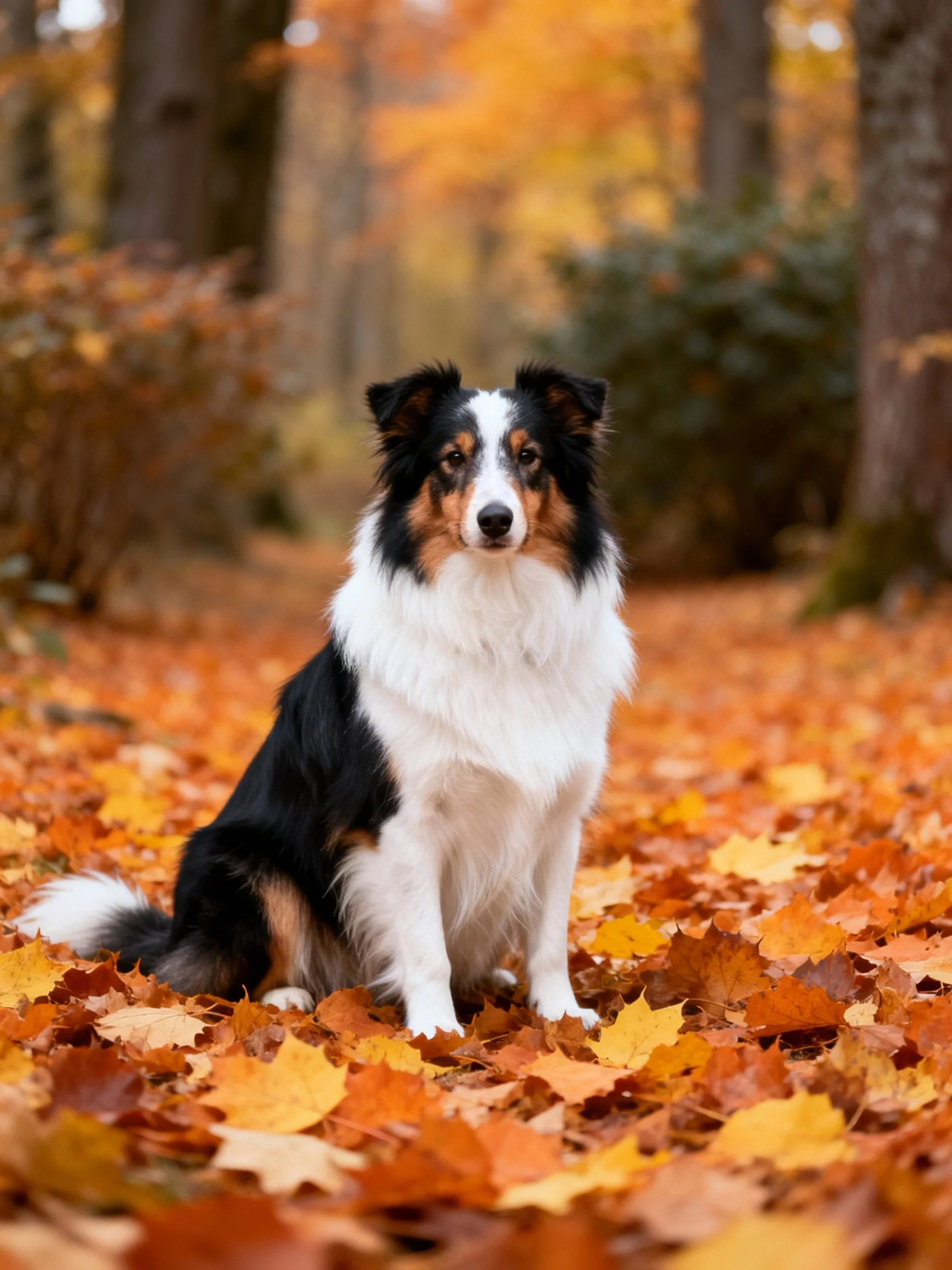 A tricolor dog sits calmly among fallen autumn leaves in a forest.