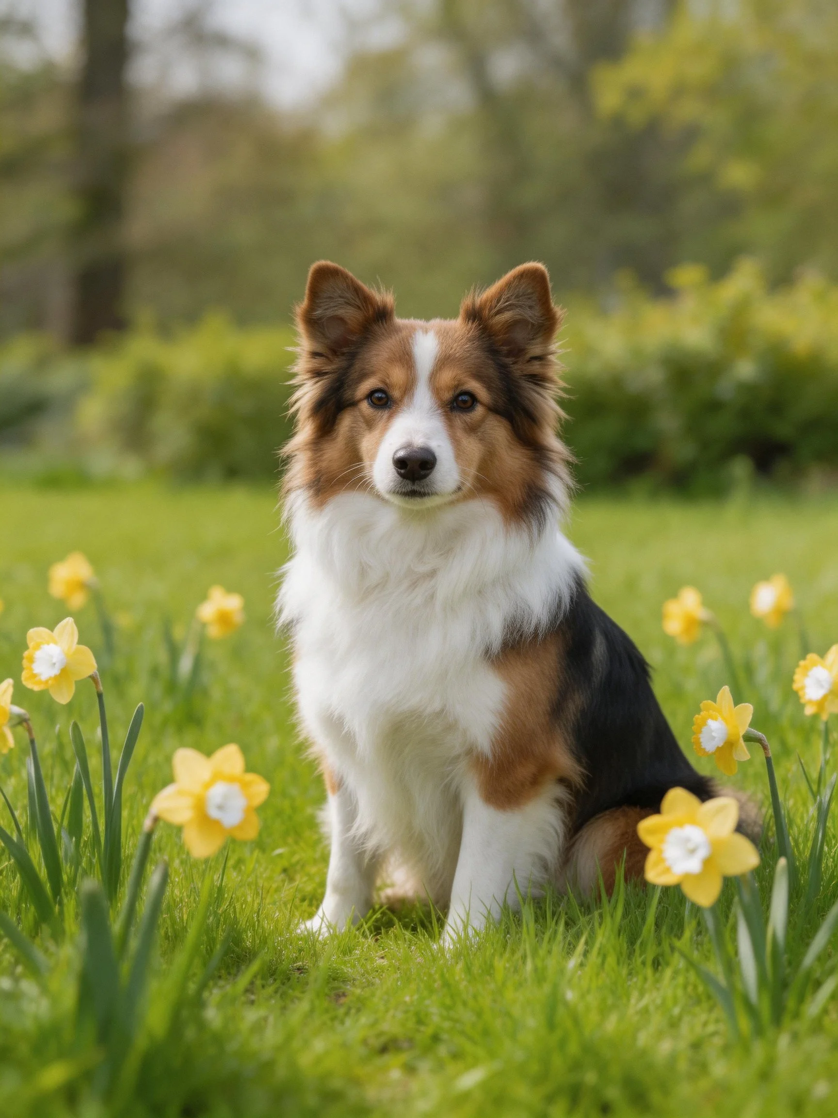 A tricolor dog sits among yellow flowers in a sunlit meadow.