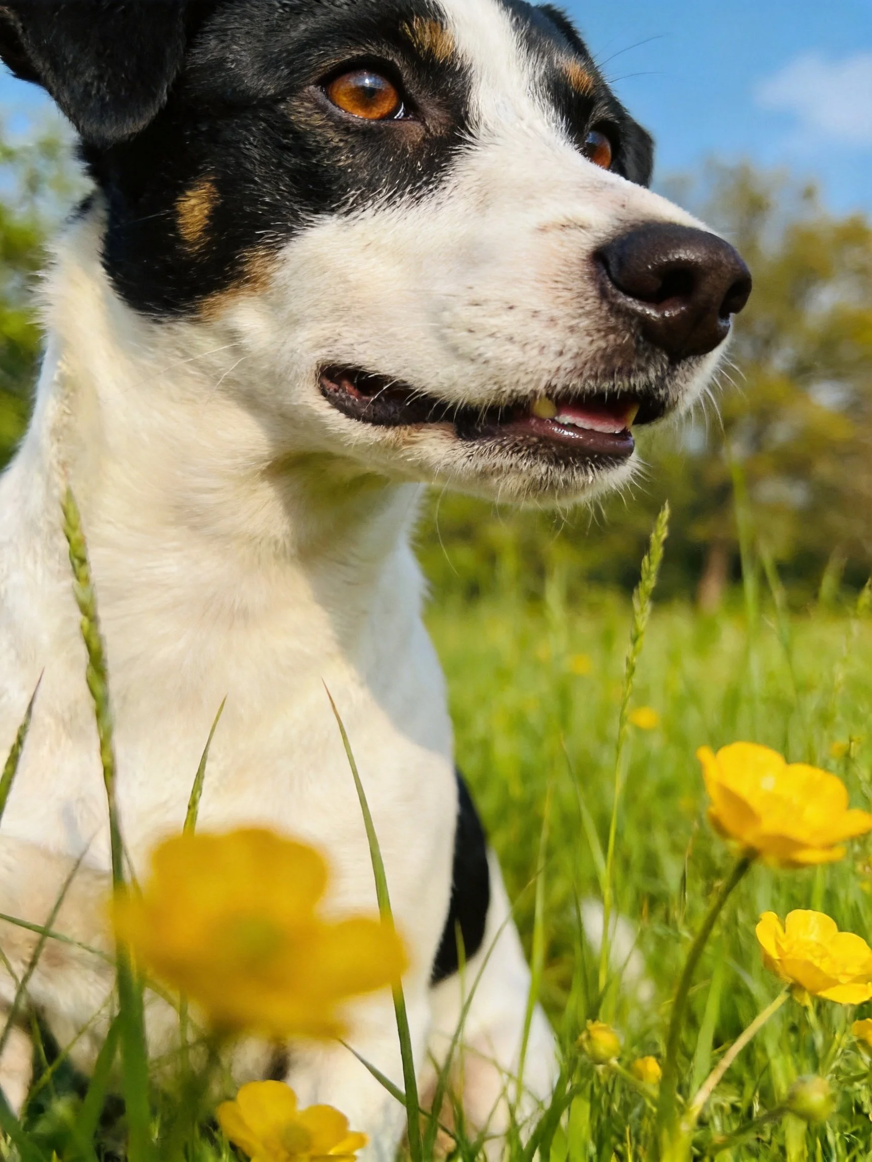 A tricolor dog relaxes in a sunlit meadow with yellow flowers and green grass.