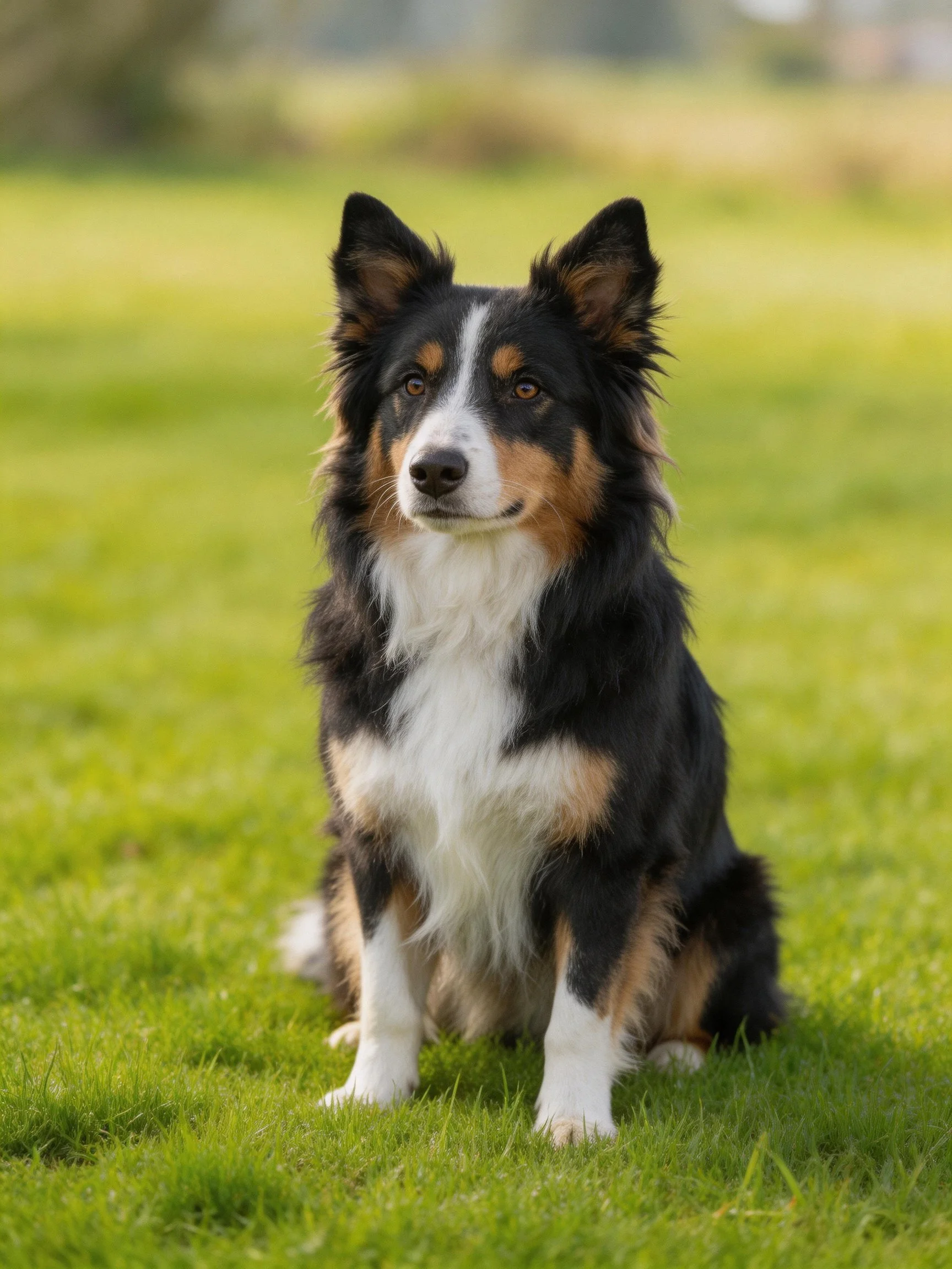 A tricolor dog sits calmly on lush green grass in an outdoor setting.