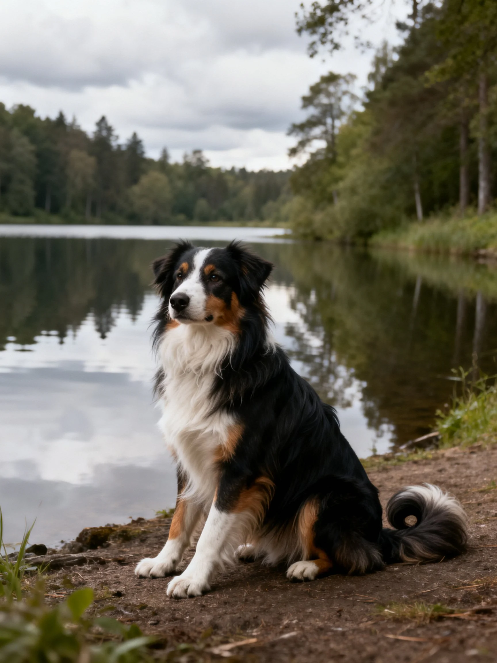 A tricolor dog sits by a calm lakeside with forest backdrop