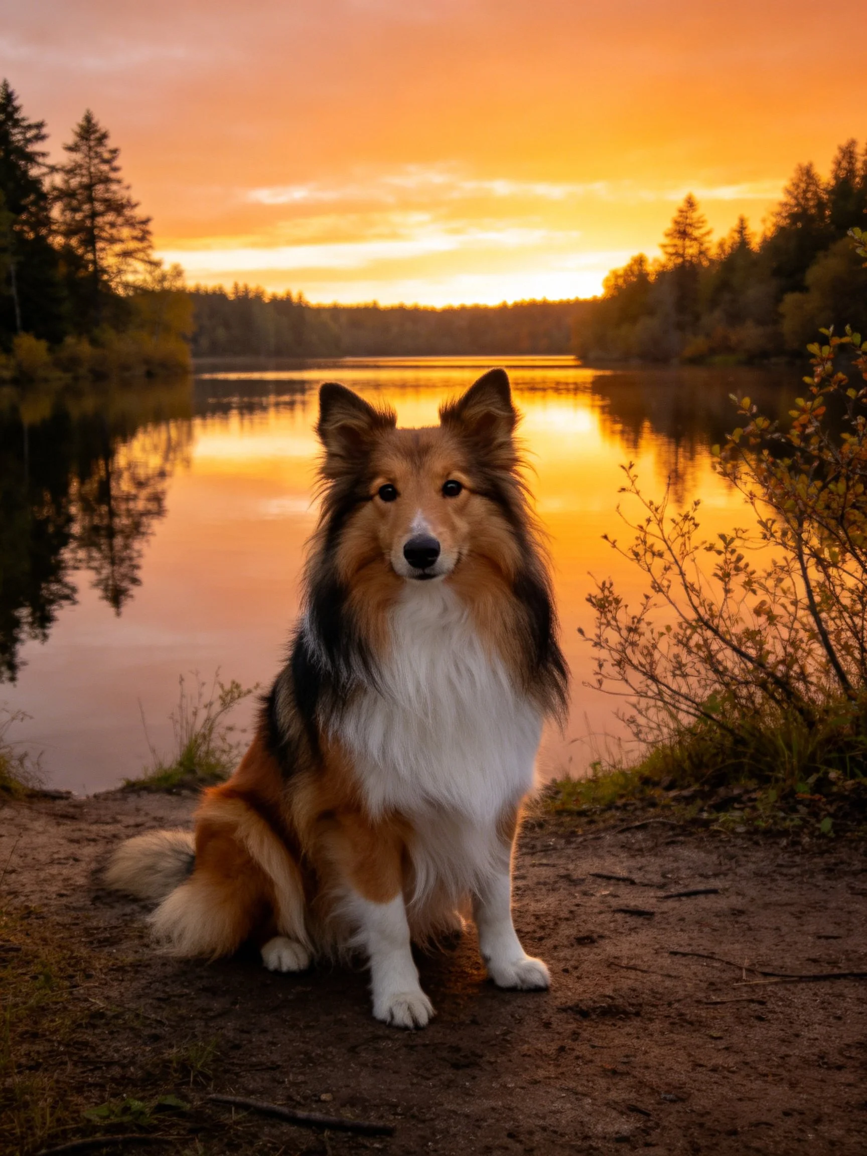 A tricolor dog sits by a golden-lit lake at sunset