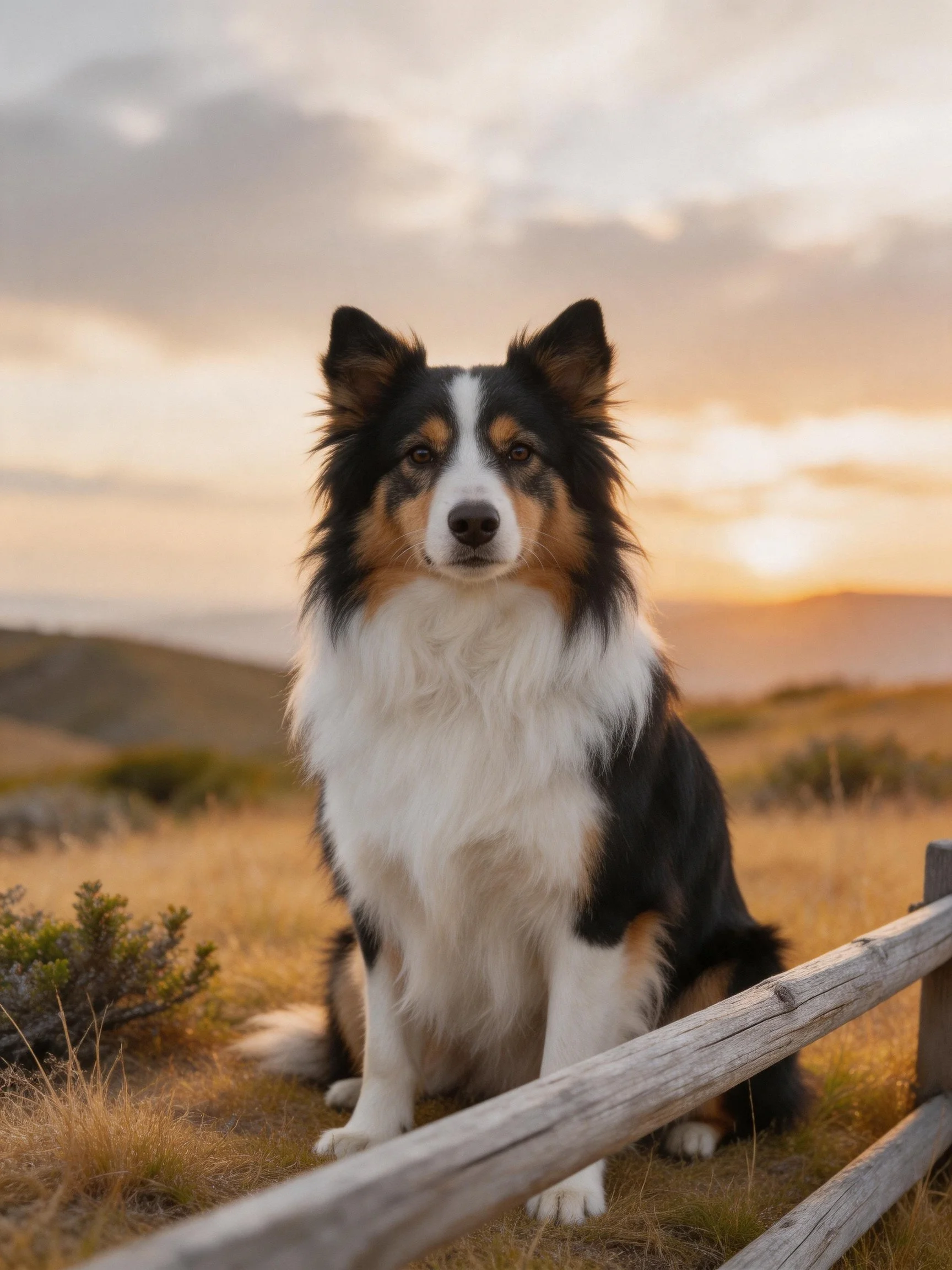 A tricolor dog sits by a wooden fence at sunset