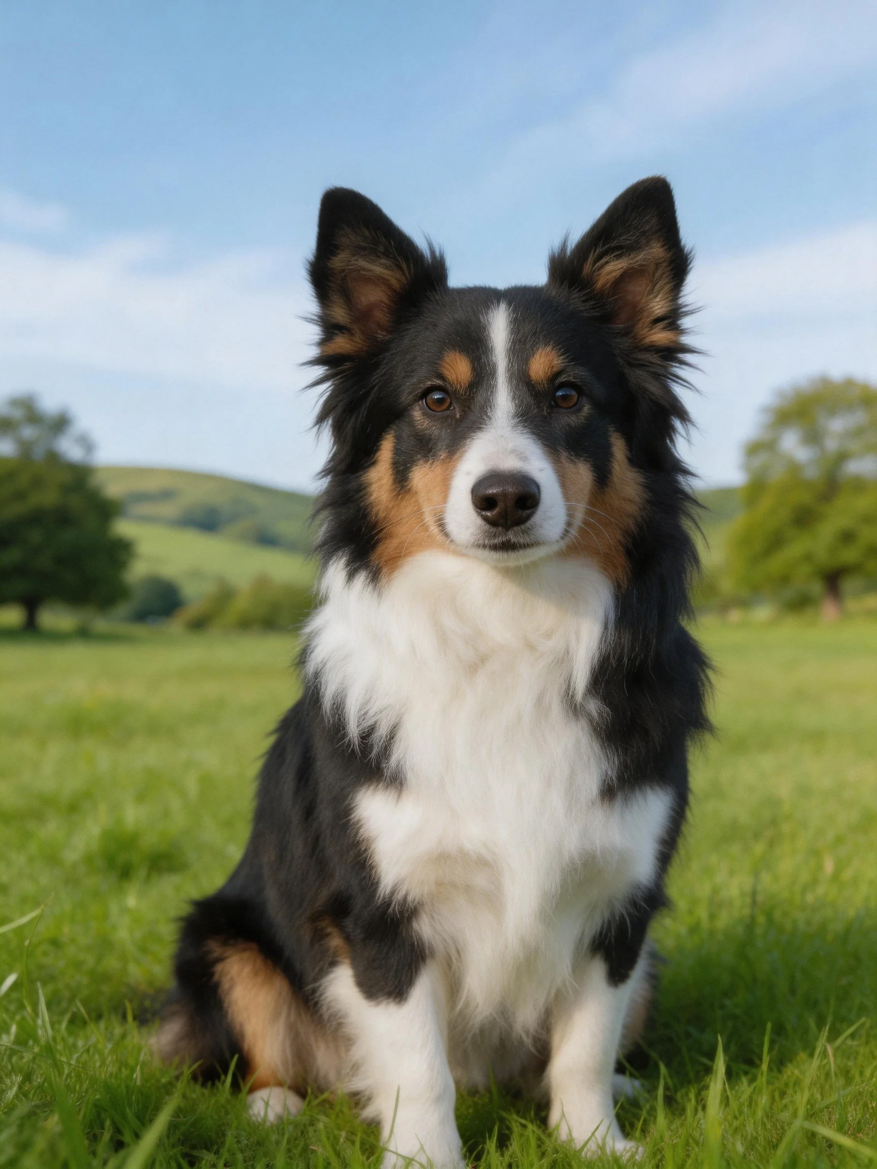 A tricolor dog sits calmly in a lush green meadow