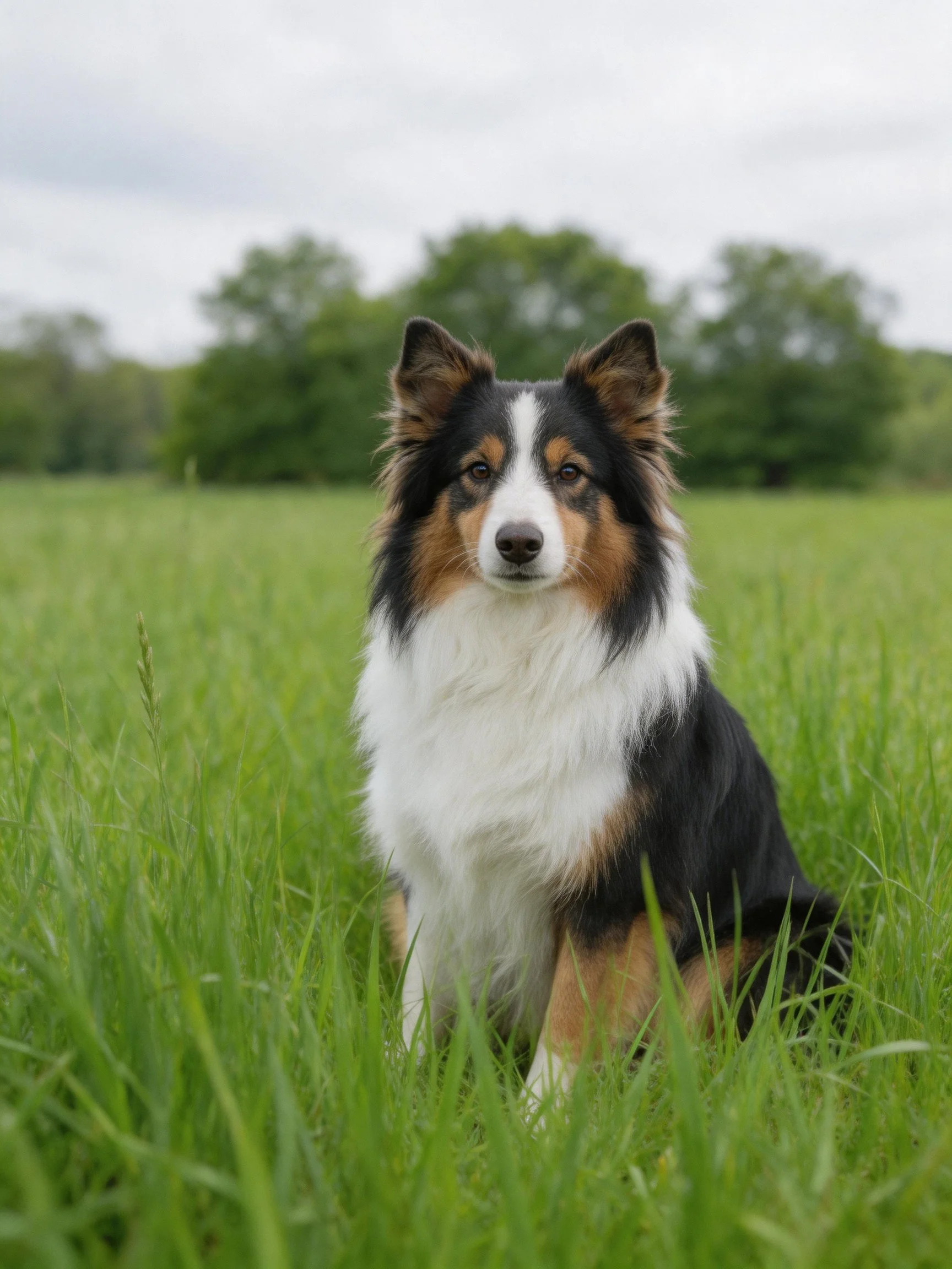 A tricolor dog sits calmly in lush green grass near trees