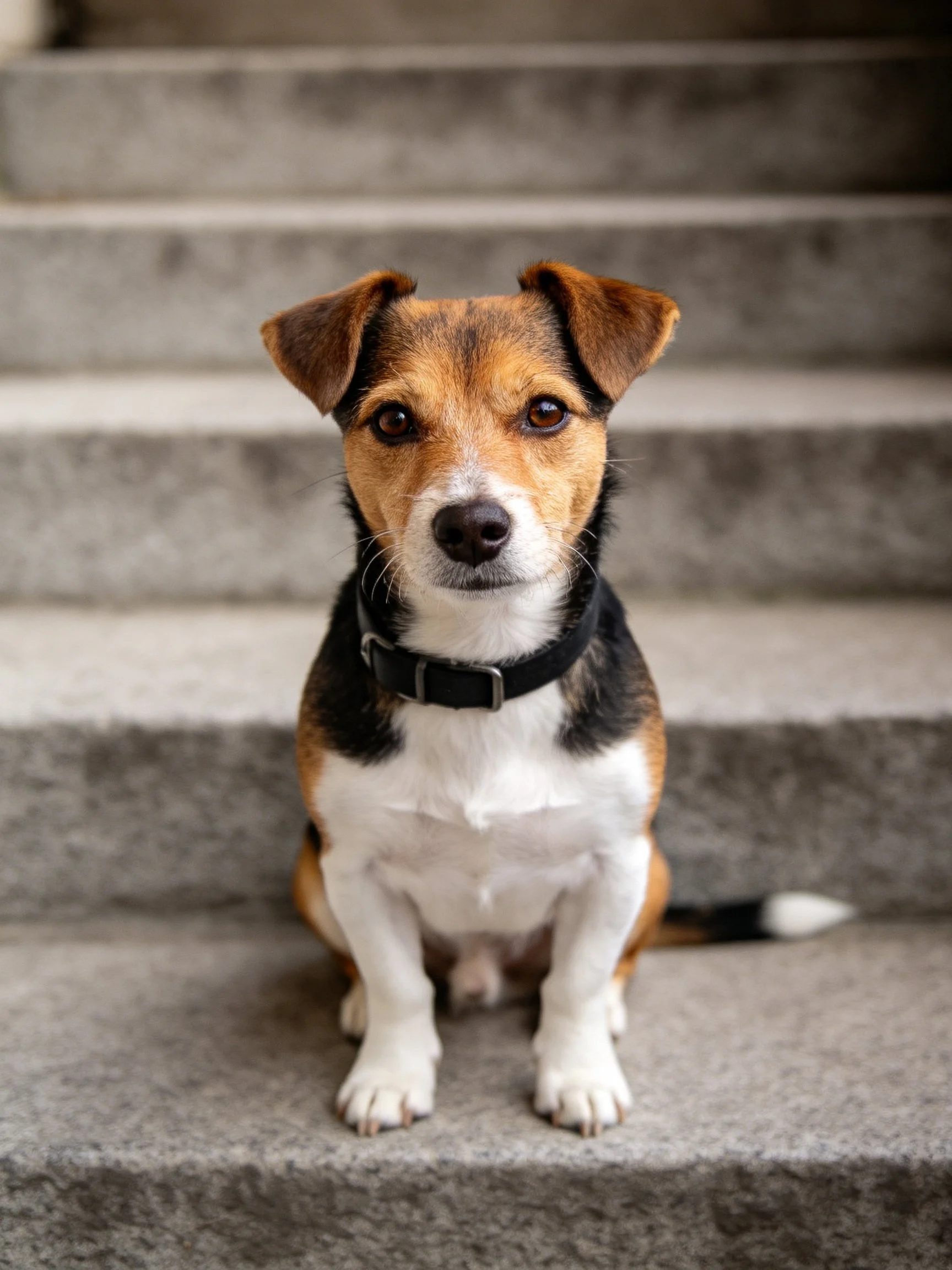A small tricolor dog sits quietly on concrete steps.