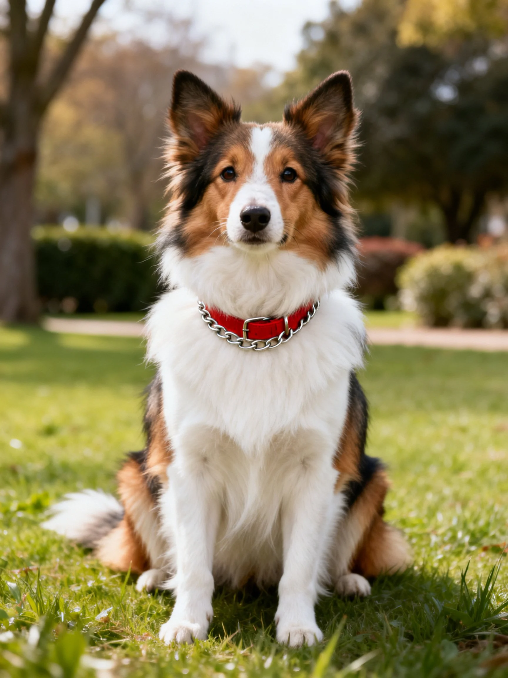A tricolor dog sits calmly on green grass wearing a red collar