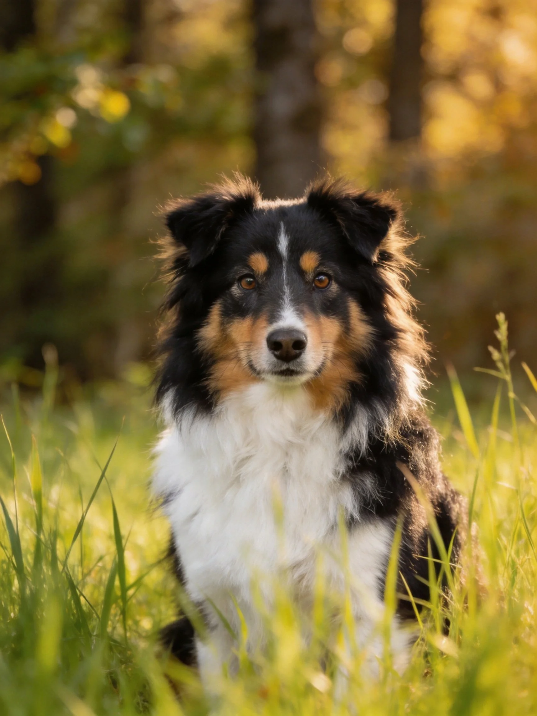 A tricolor dog sits calmly in sunlit grass with a forest behind.