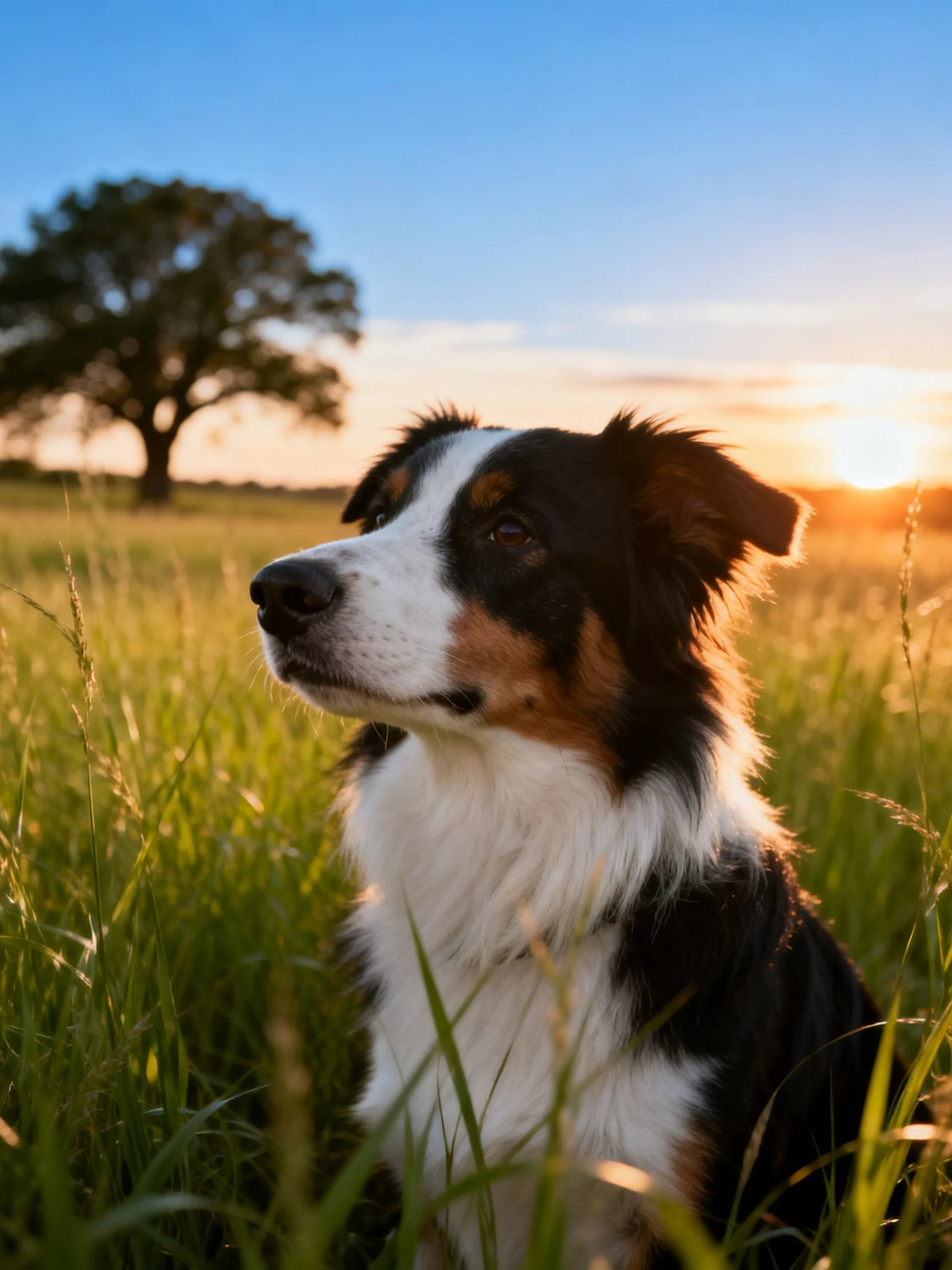A tricolor dog rests in tall grass with a tree and sunset in the background.