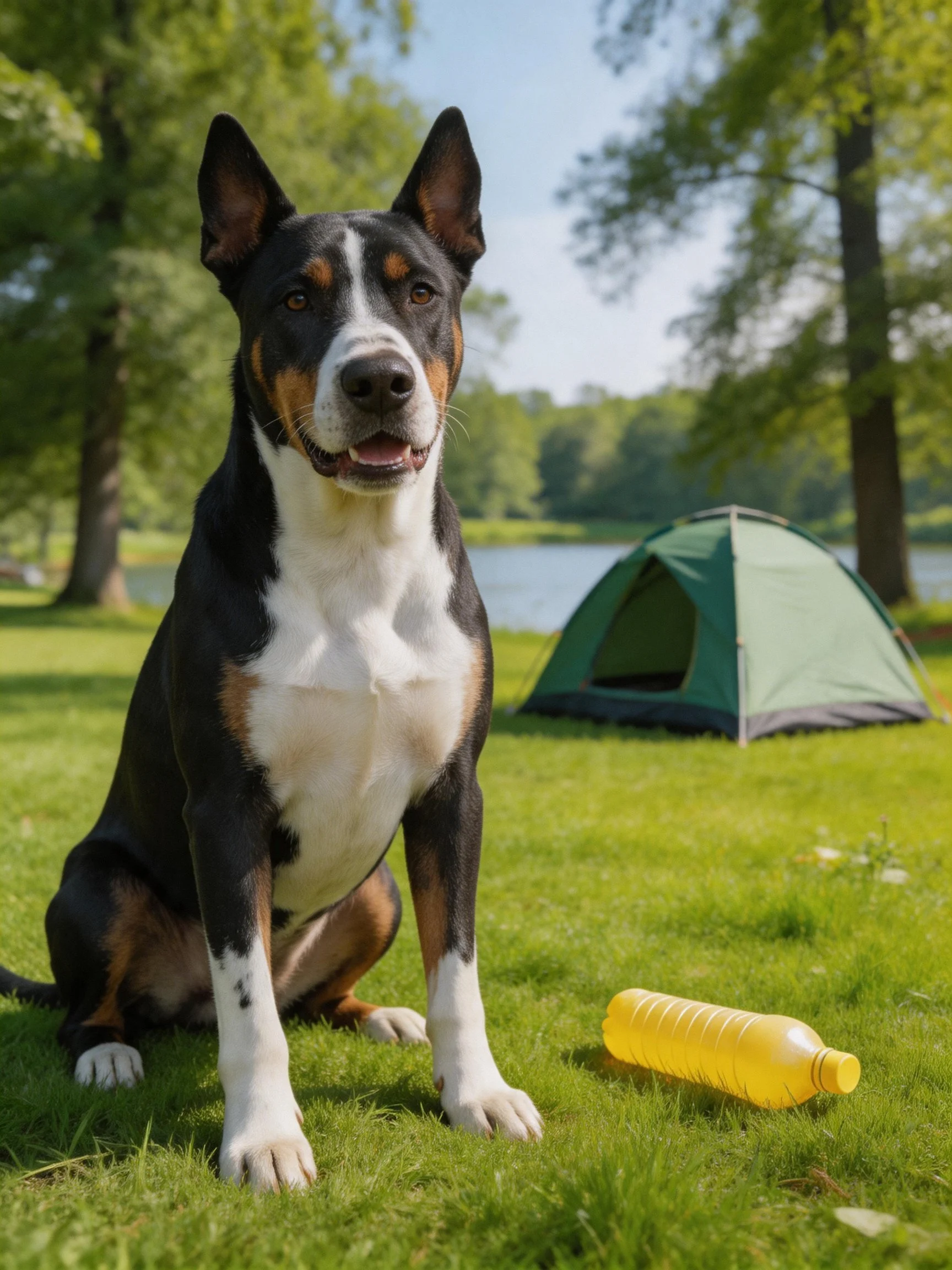 A dog sits on grass next a tent and bottle in a sunny outdoor setting.