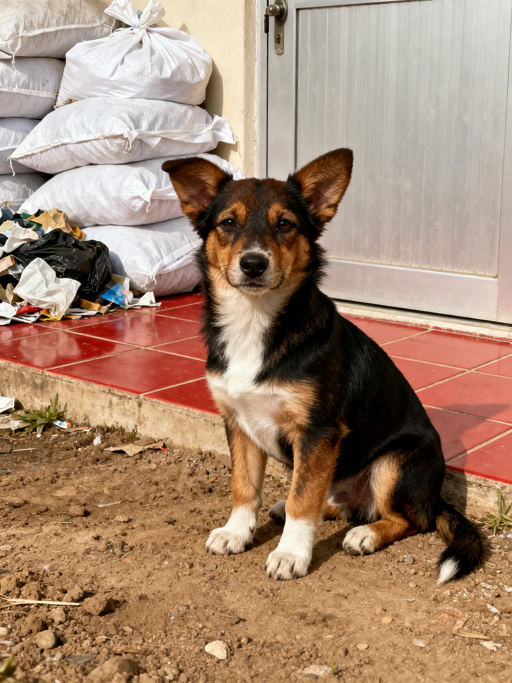A tricolor dog sits outdoors beside stacked sacks and a metal door.
