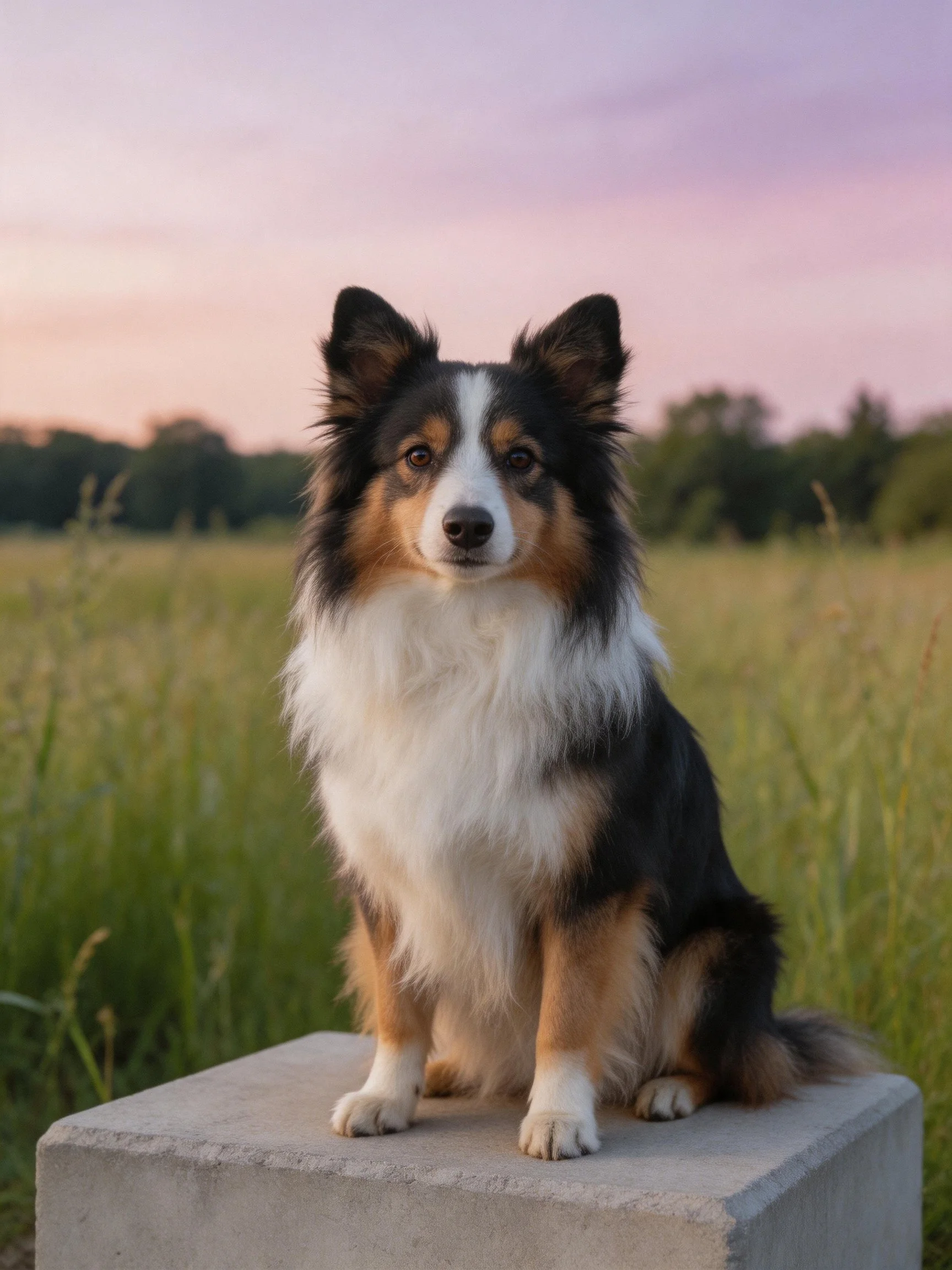 A tricolor dog sits on a concrete block in a sunset field
