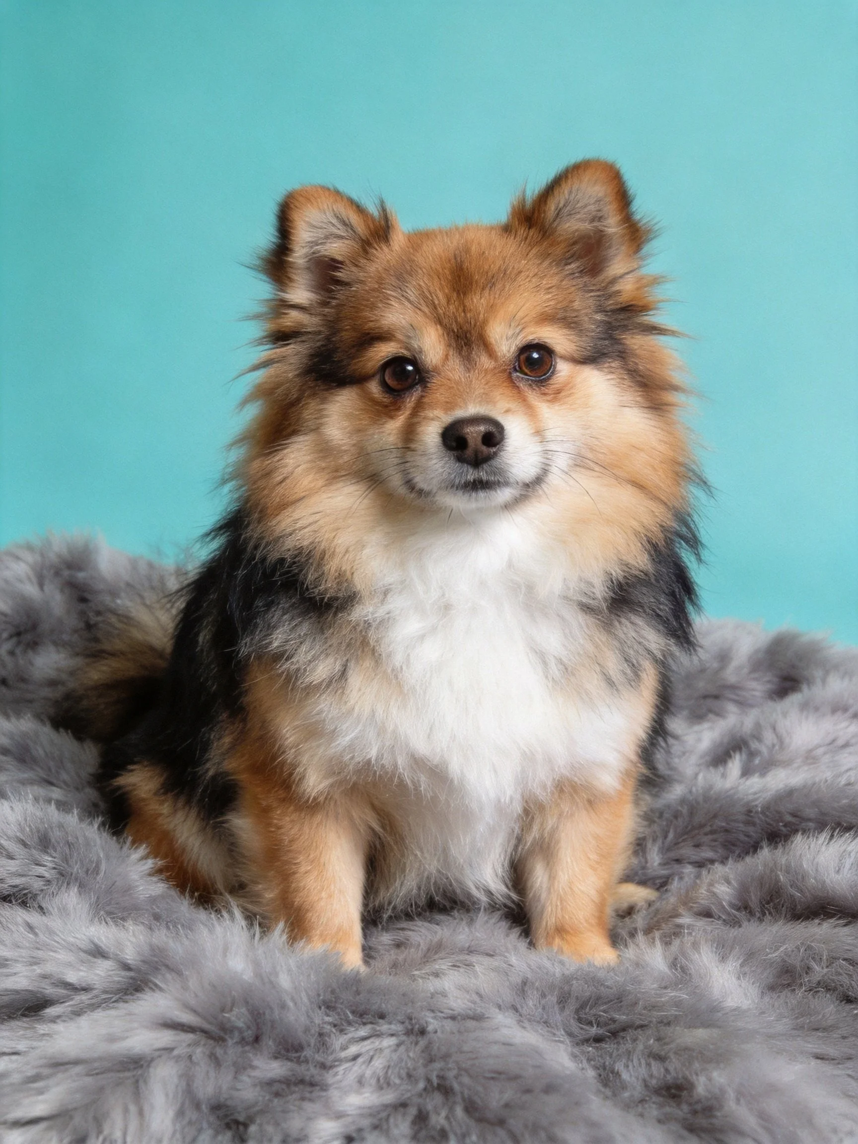 A small tricolor dog sits calmly on a gray plush blanket against a turquoise wall.