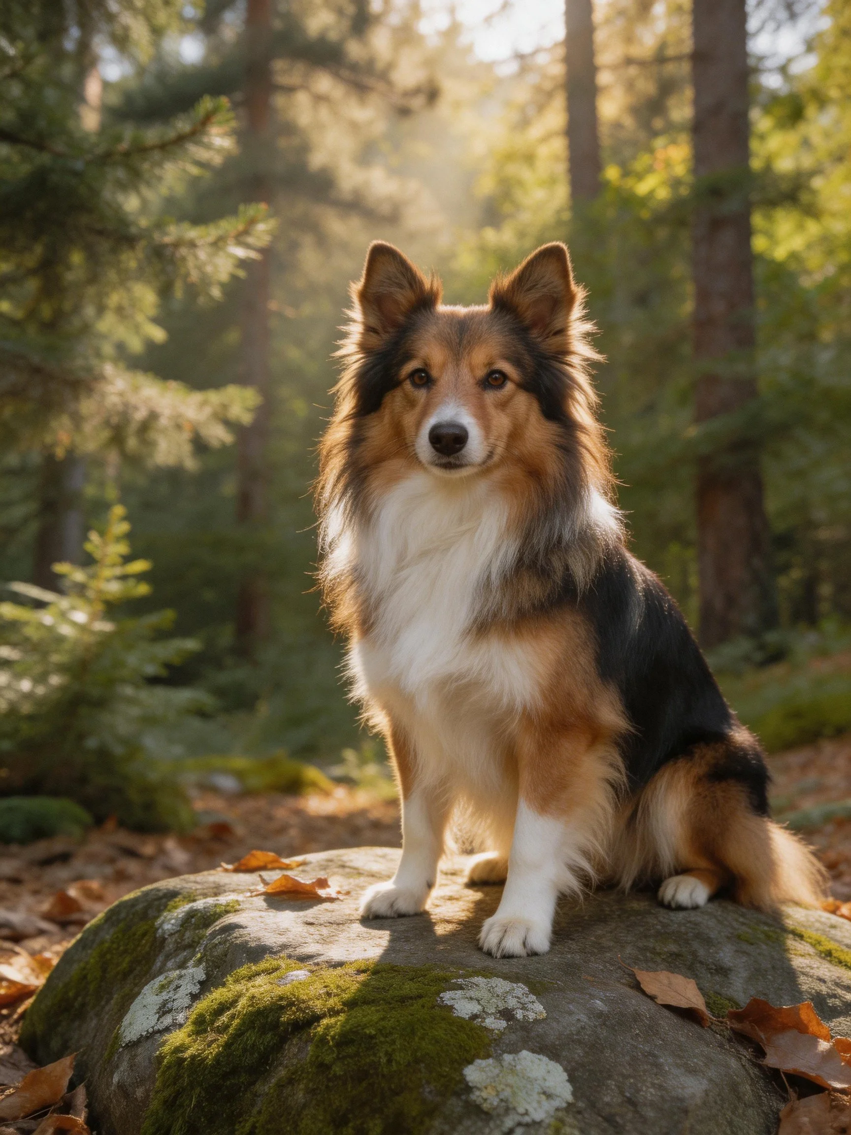 A tricolor dog sits calmly on a mossy rock in a sun-dappled forest.