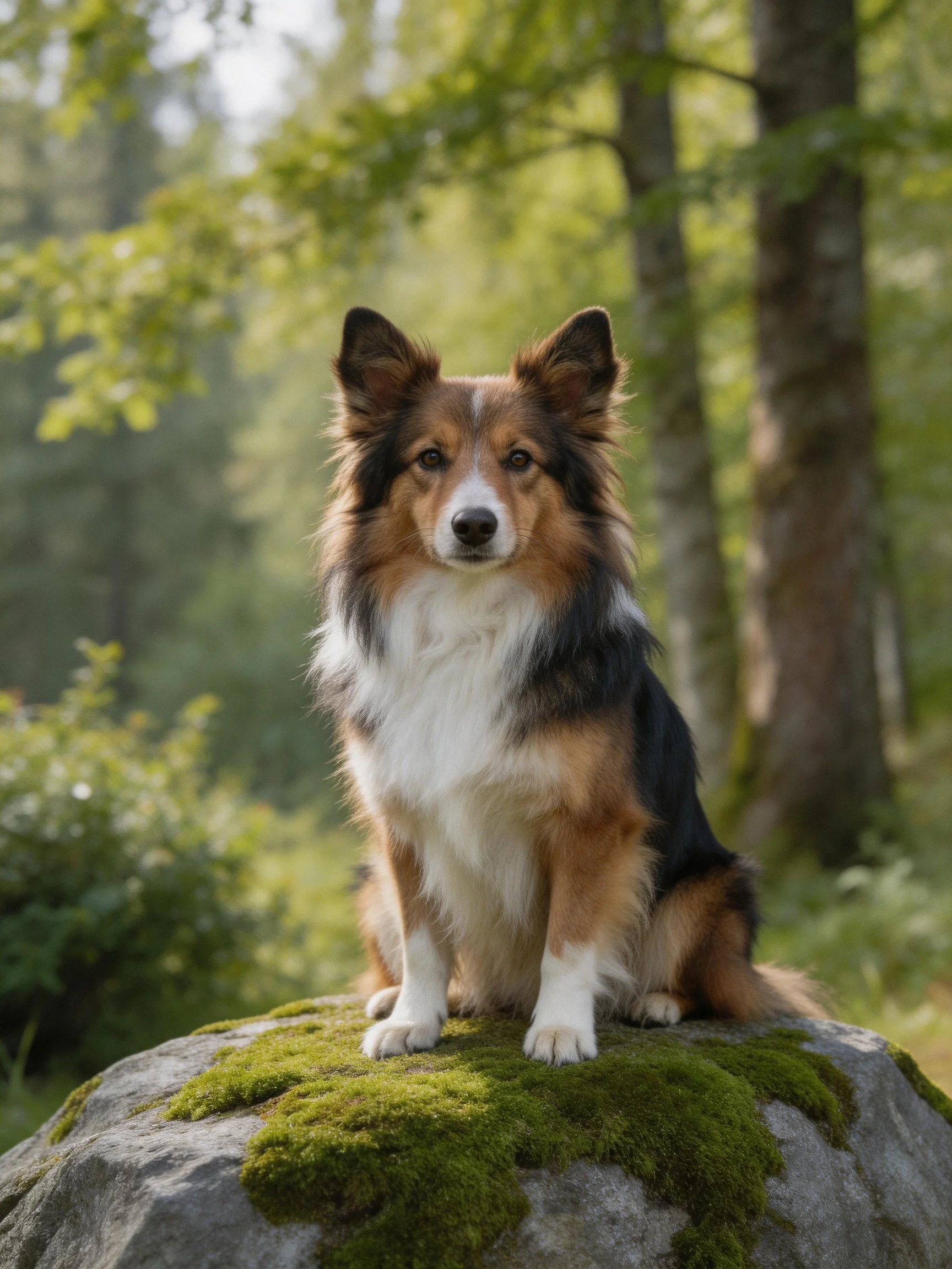 A tricolor dog sits on a mossy rock in a sunlit forest