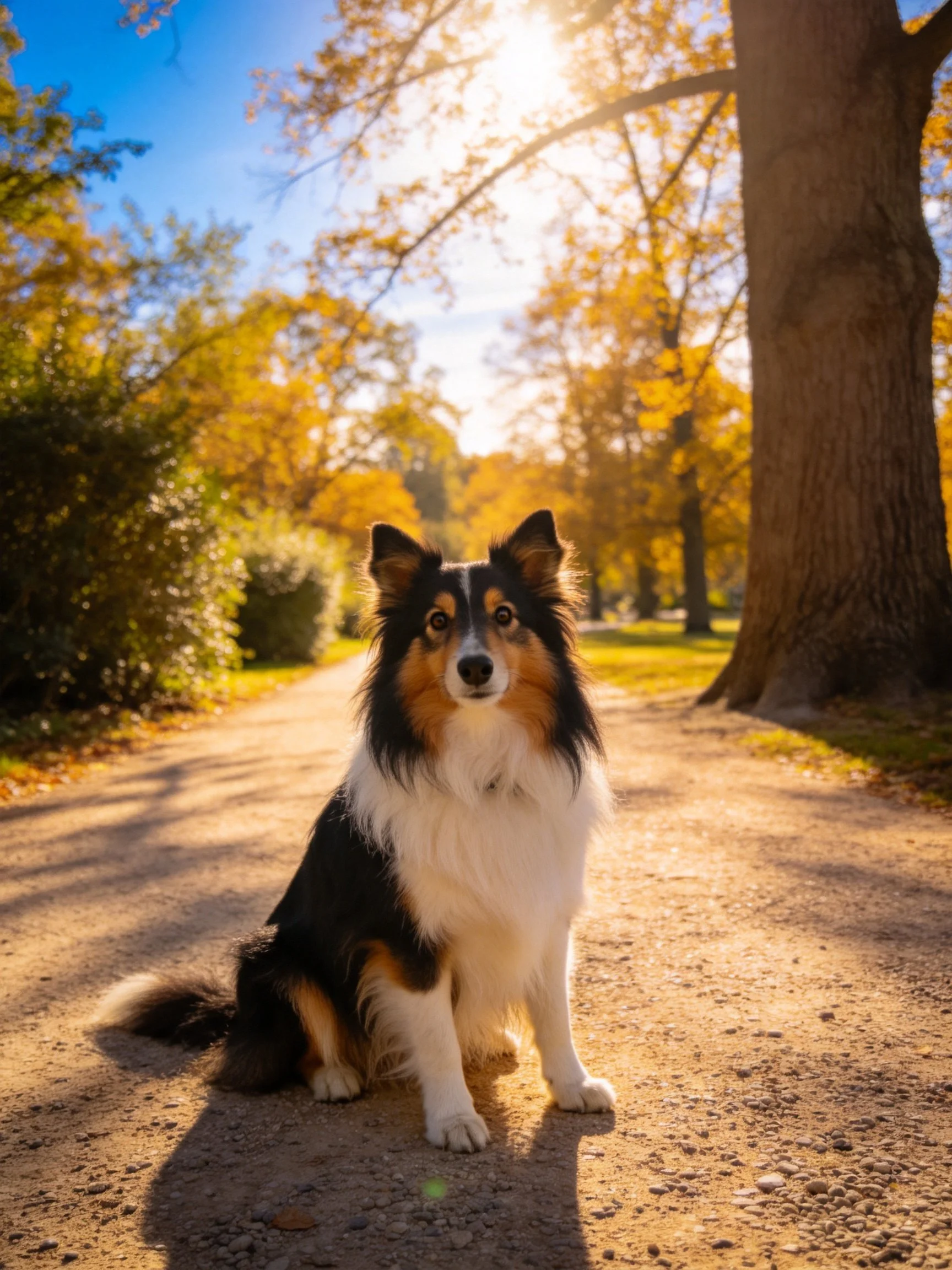 A tricolor dog sits on a sunlit path surrounded by autumn trees.