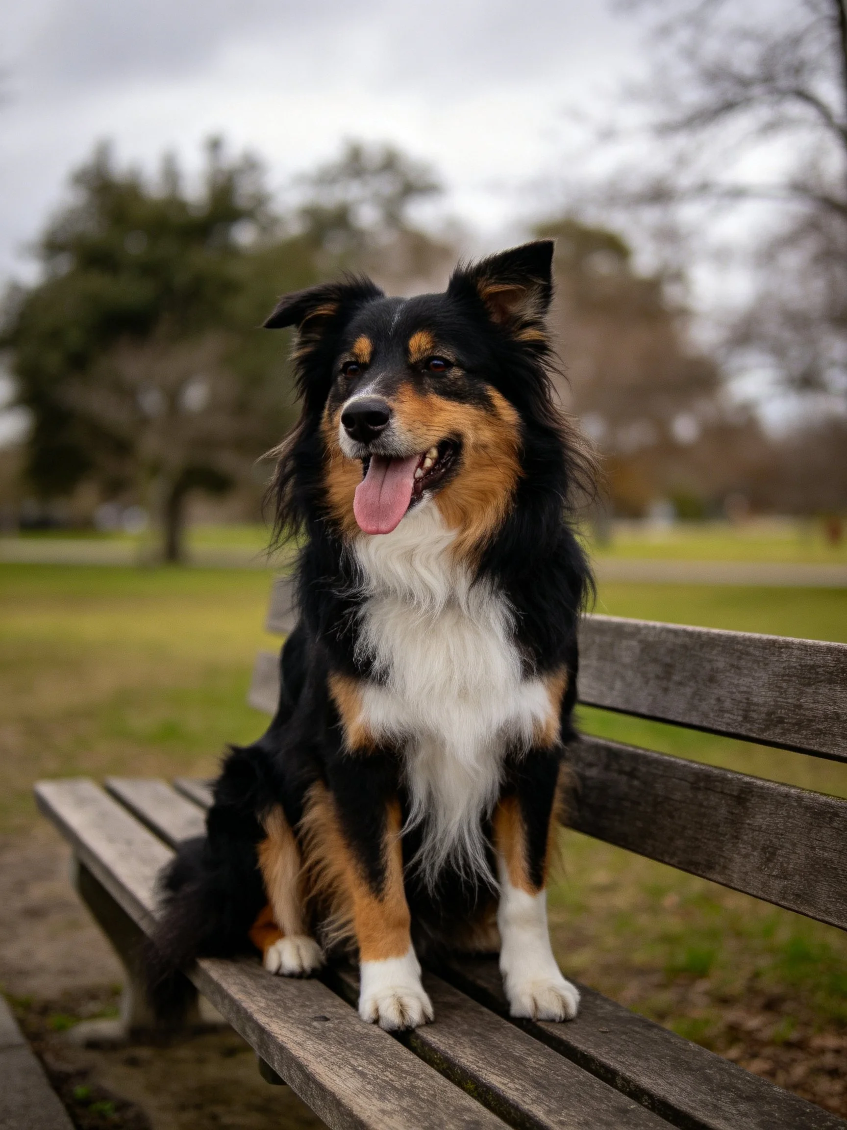 A tricolor dog relaxes on a wooden bench in an outdoor park setting.