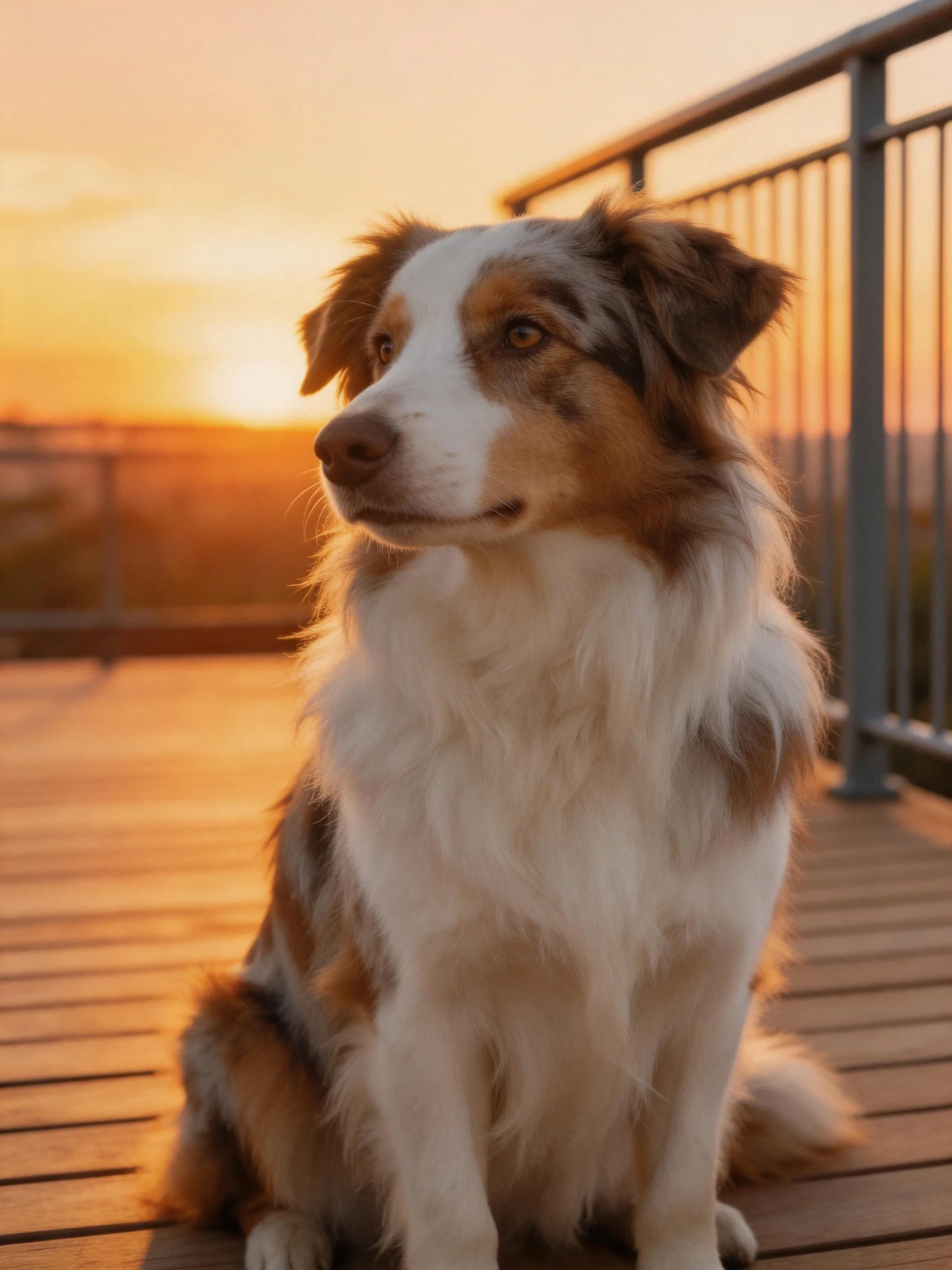 A tricolor dog sits on a wooden deck at sunset