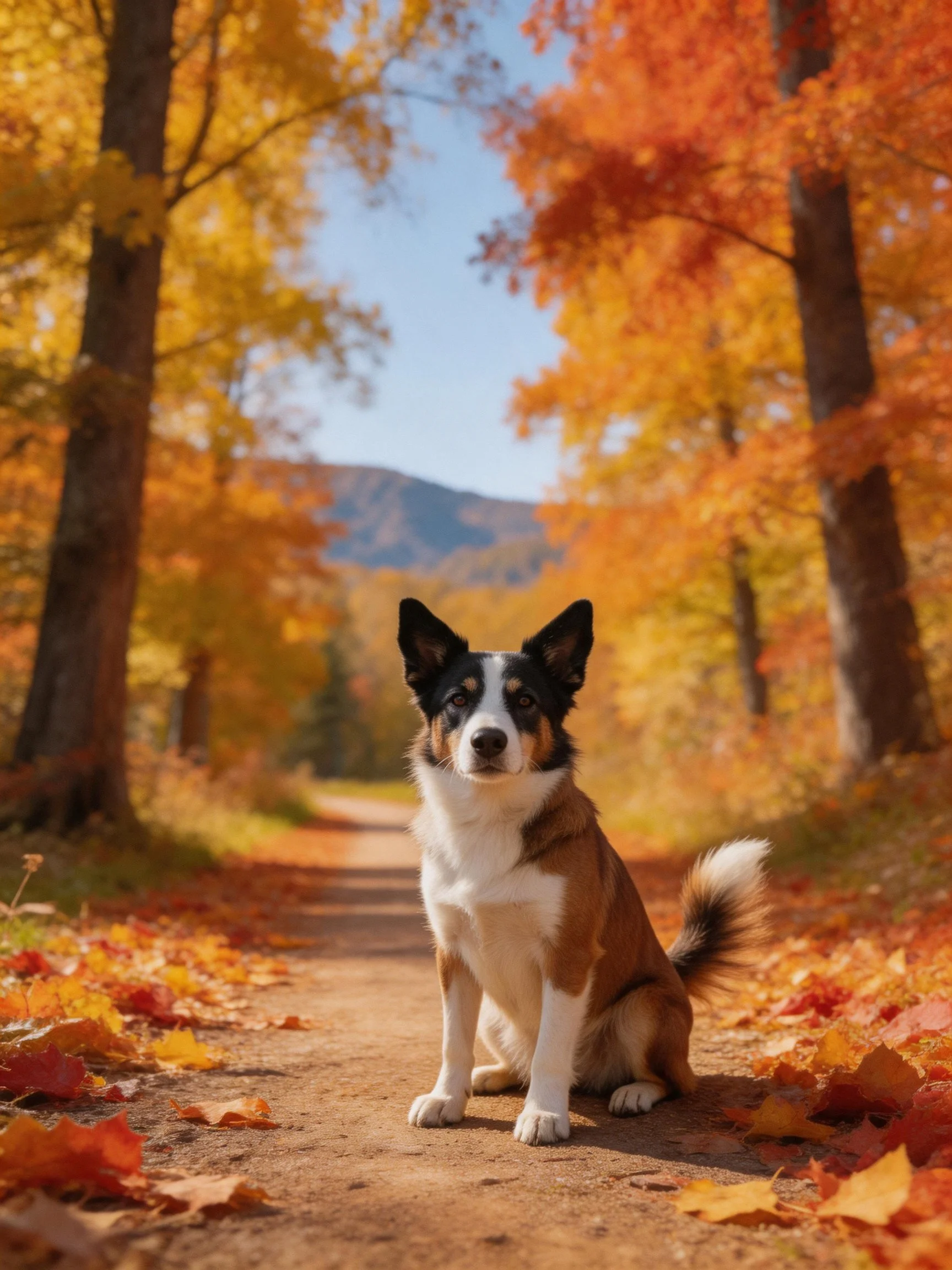 A tricolor dog sits on an autumn leaf - covered path among golden - orange trees