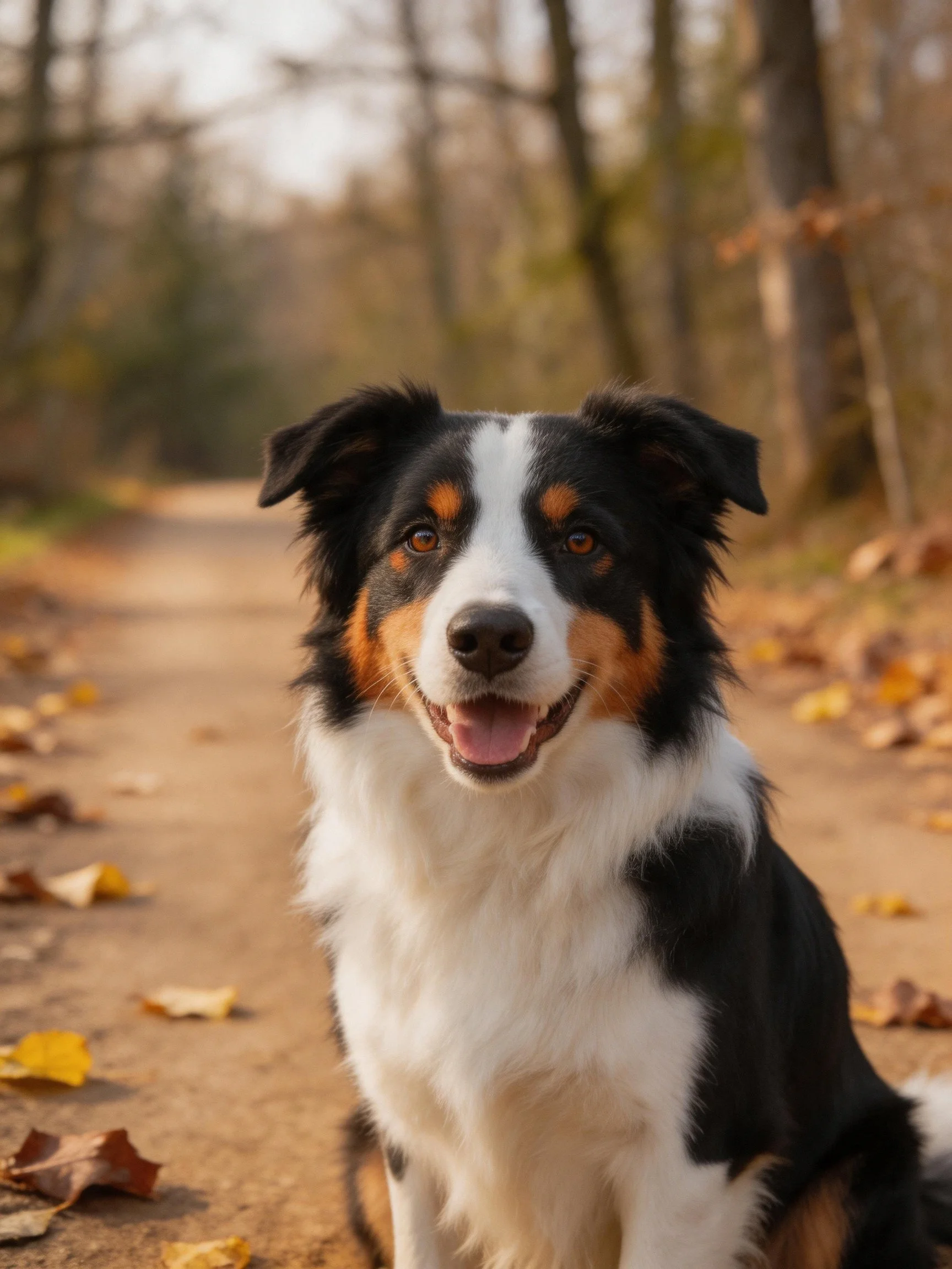 A tricolor dog sits on an autumn leaf-st strewn dirt path