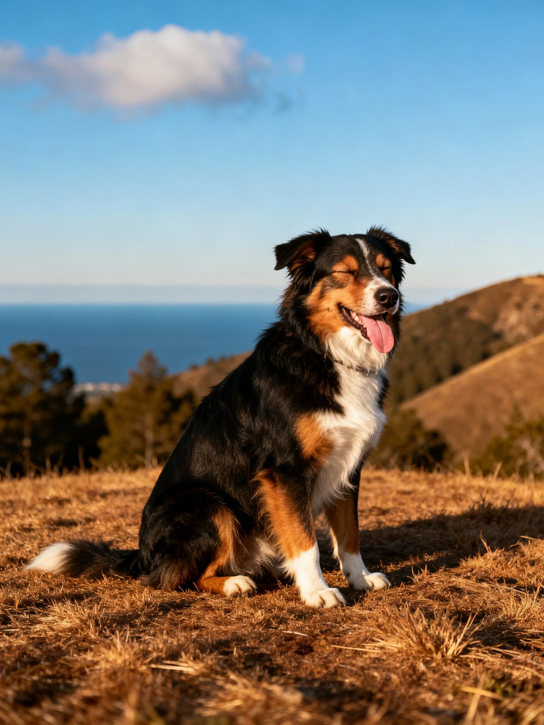 A tricolor dog relaxes on golden grass near hills and sea