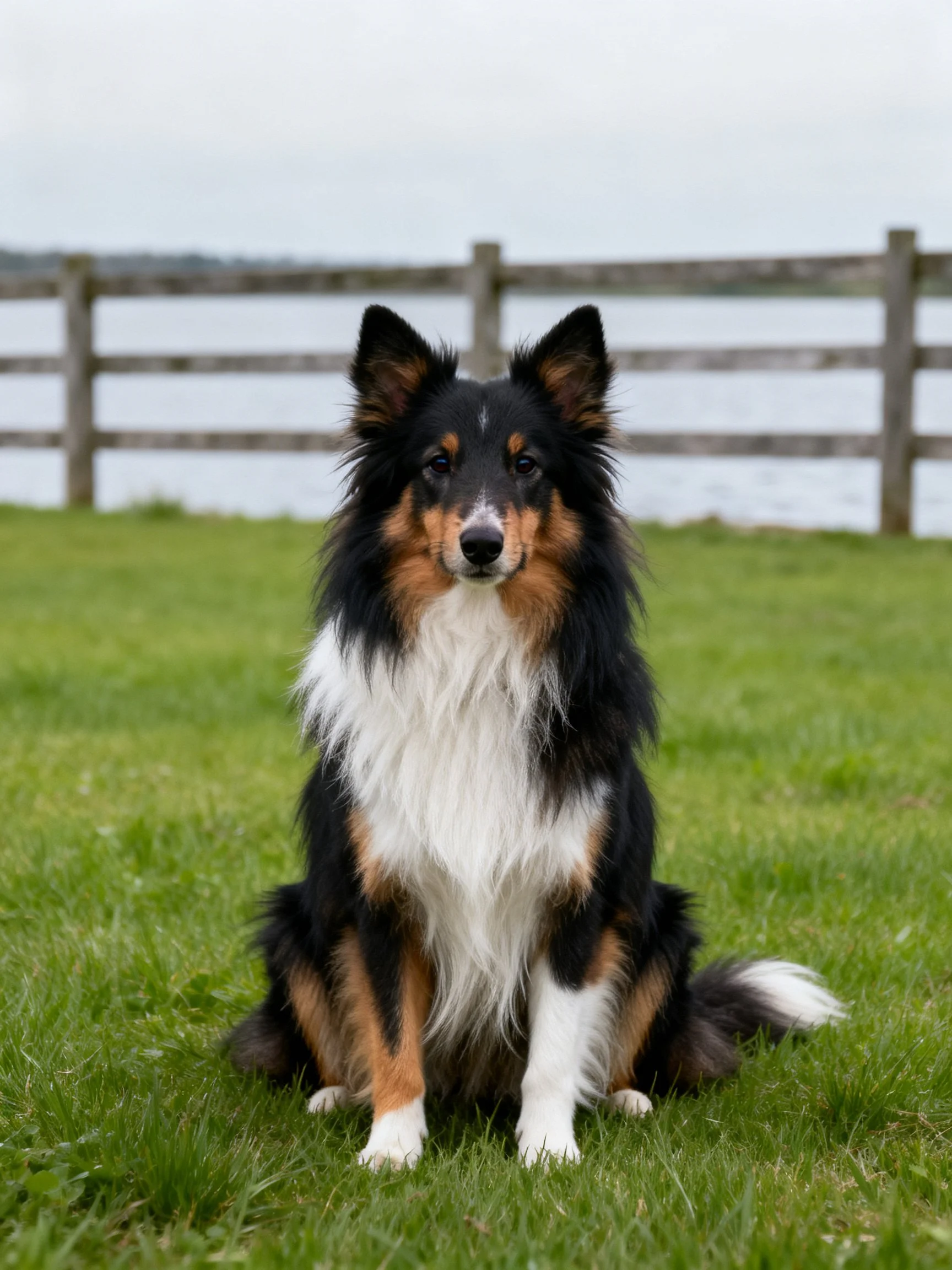 A tricolor dog sits on grass near a wooden fence