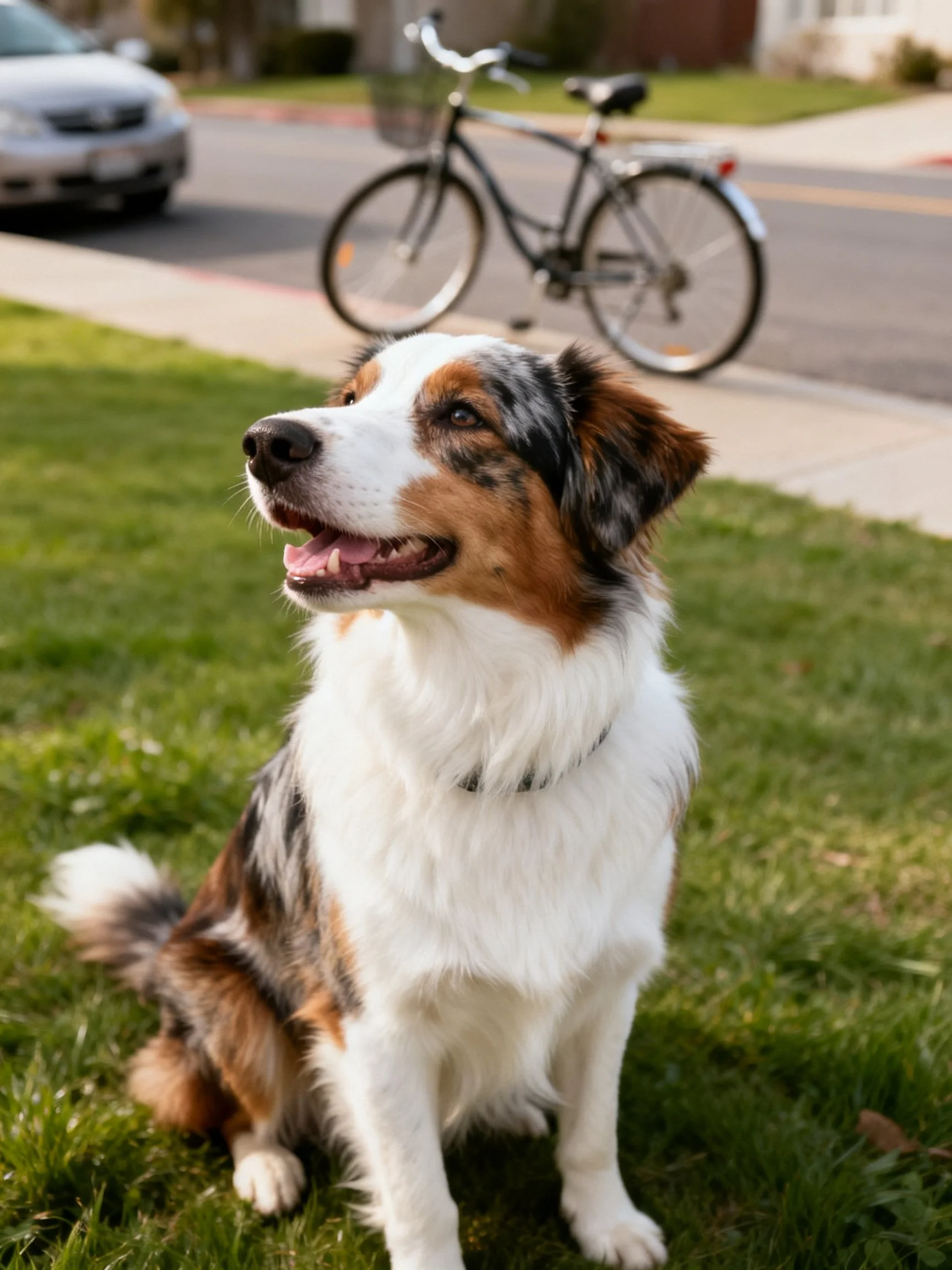 A tricolor dog sits on grass with a bicycle in the background.