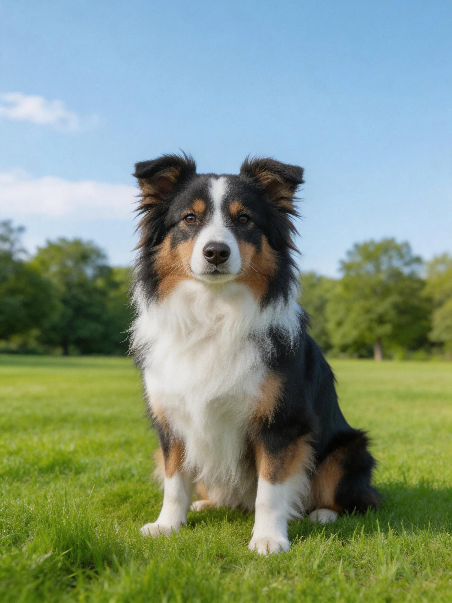 A tricolor dog sits calmly on grass in a sunny outdoor setting