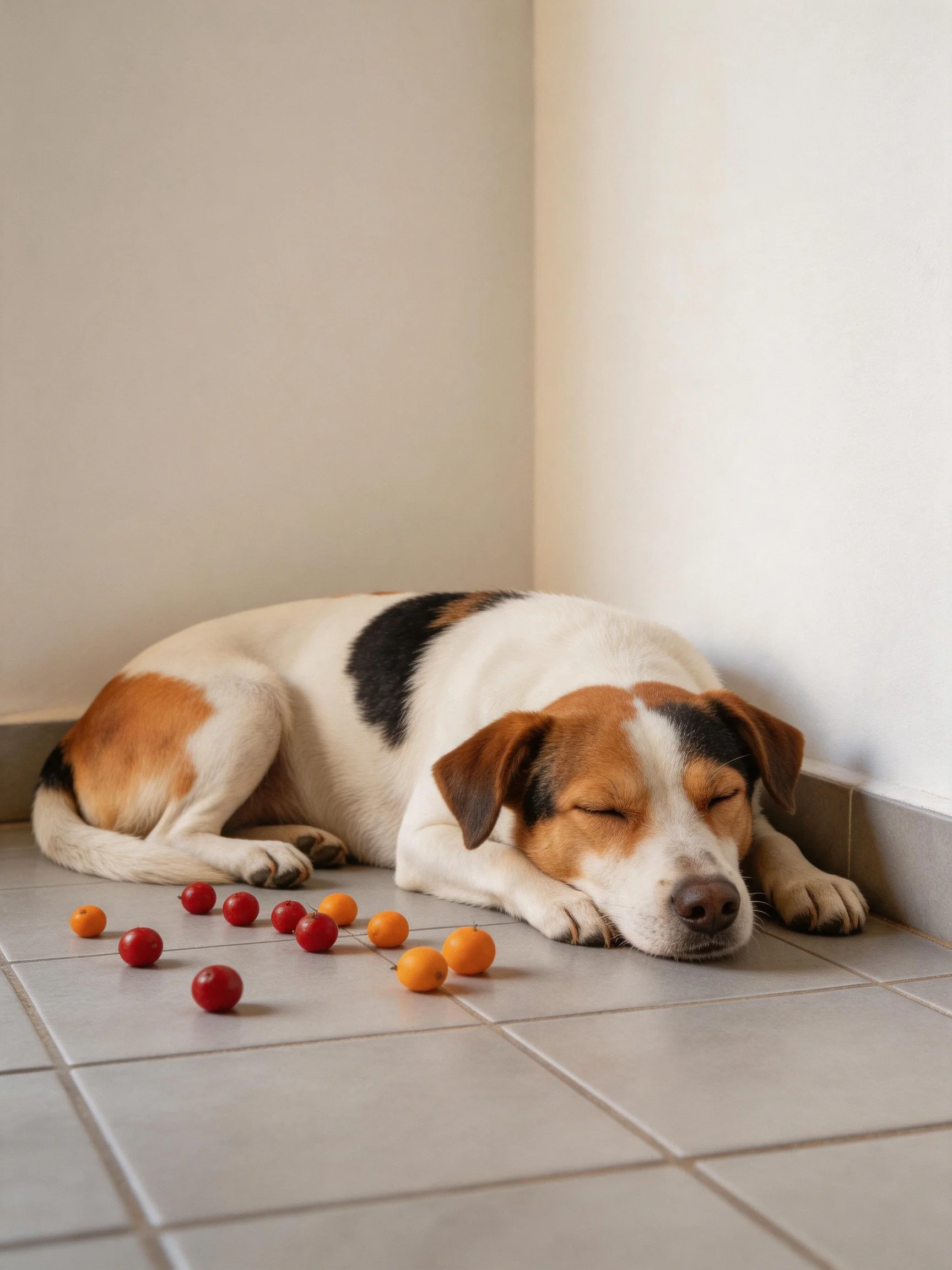 A tricolor dog rests beside red and orange fruits on a tiled surface.
