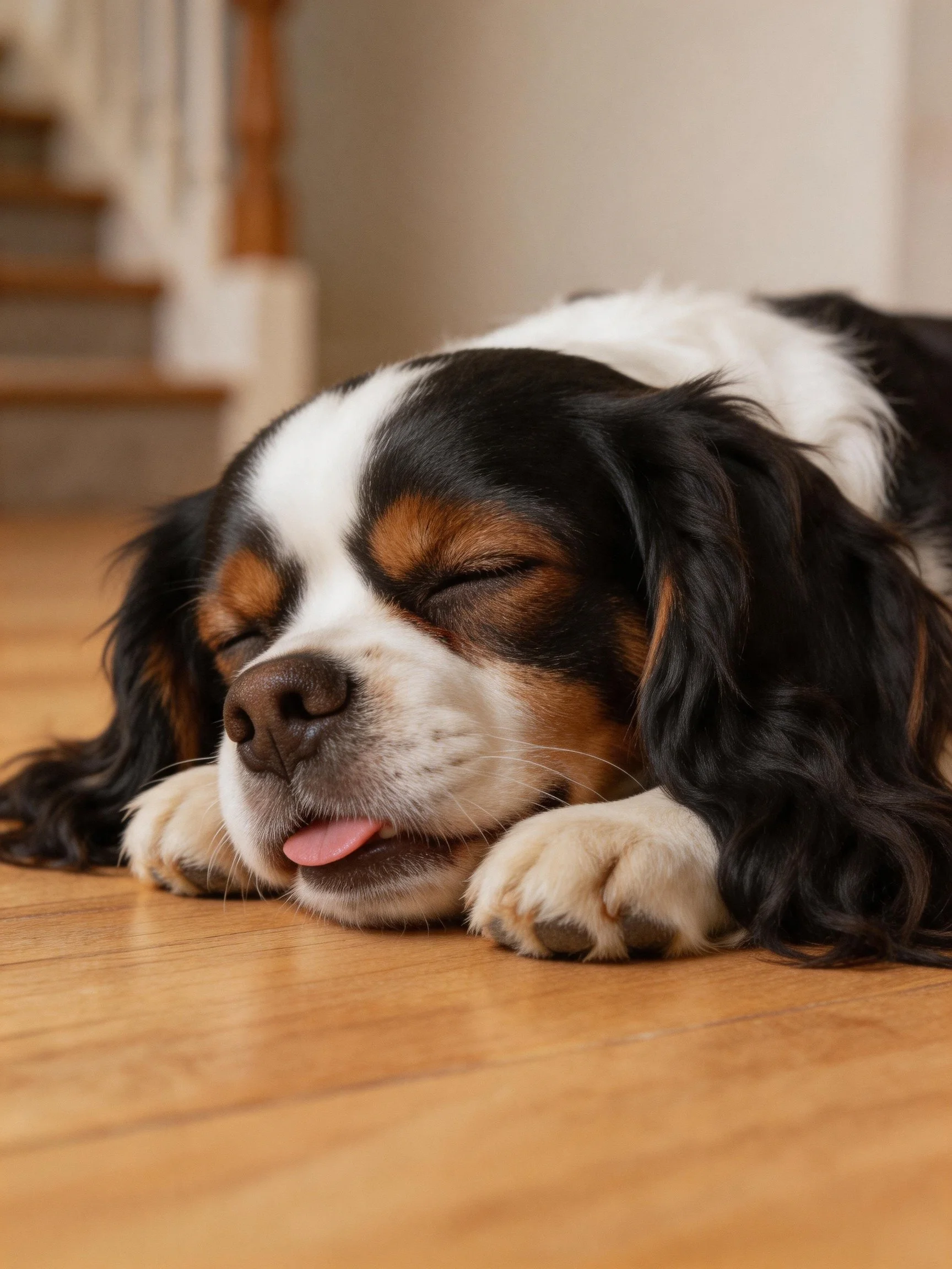 A tricolor dog sleeps on a polished wooden floor