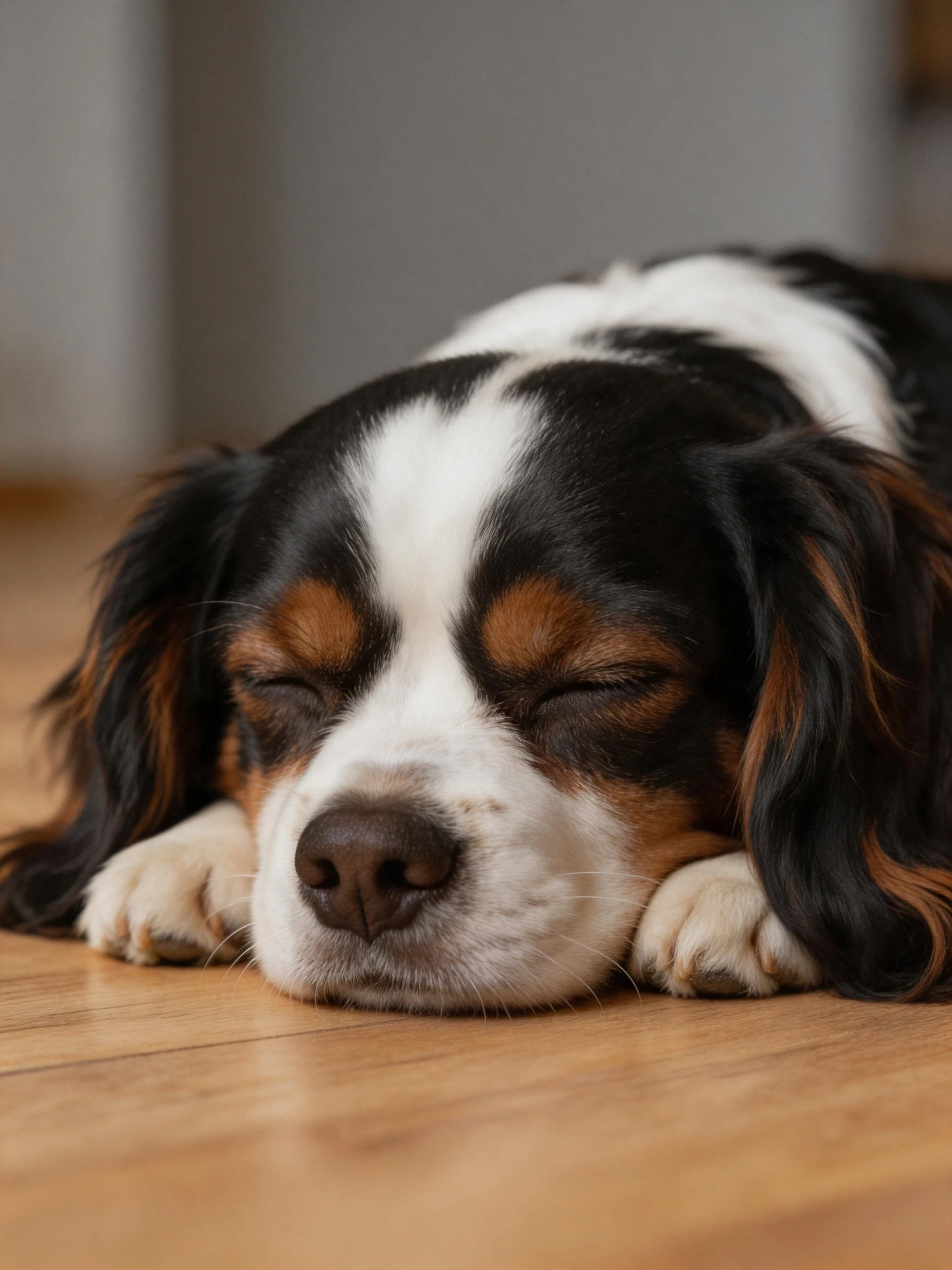 A tricolor dog sleeps calmly on a wooden surface.