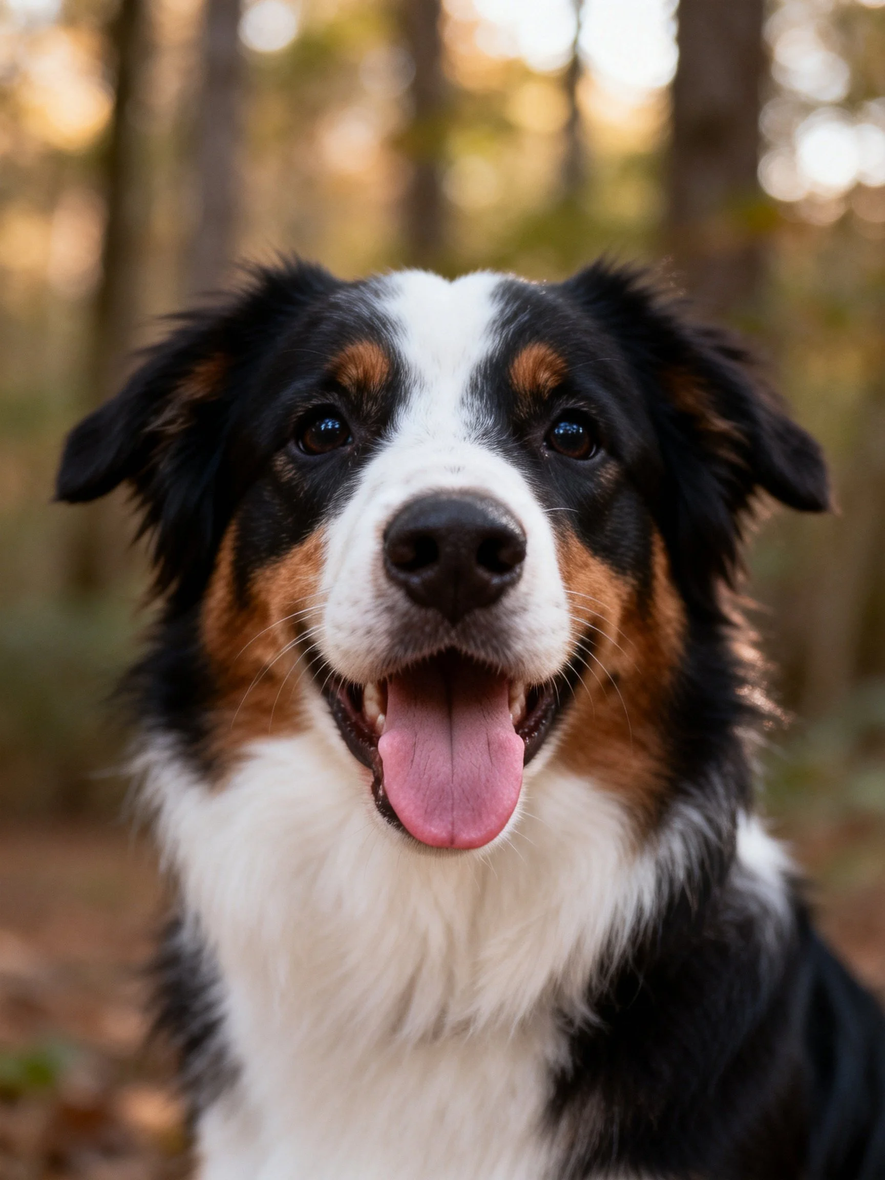 A tricolor dog smiling with tongue out in a wooded area