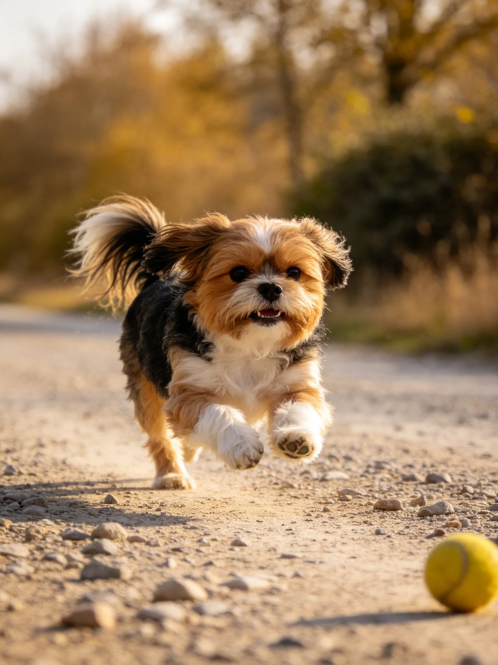 A small tricolor dog eagerly chases a yellow tennis ball outdoors.