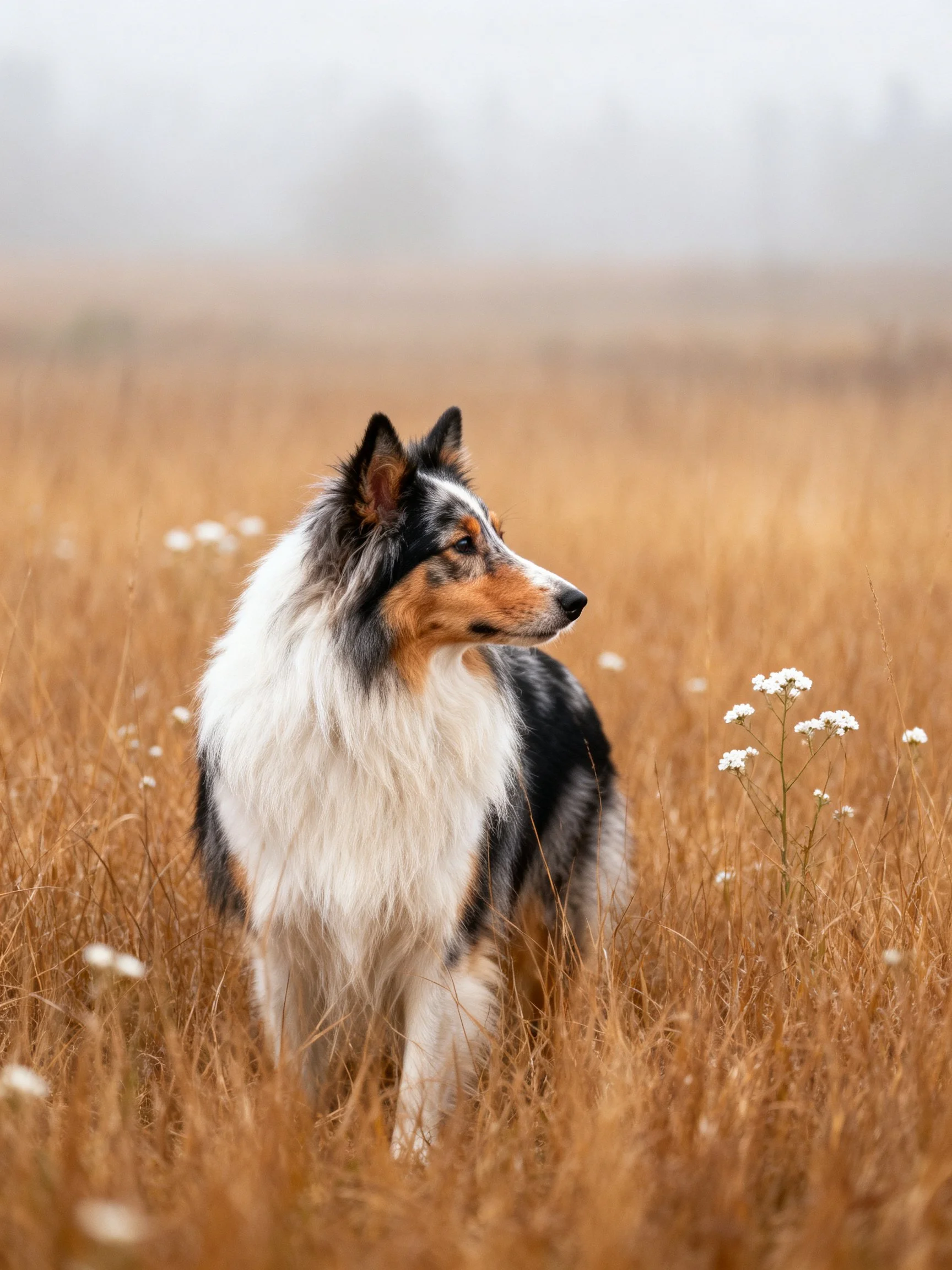 A tricolor dog observes its surroundings in a field of golden-brown grass with white wildflowers