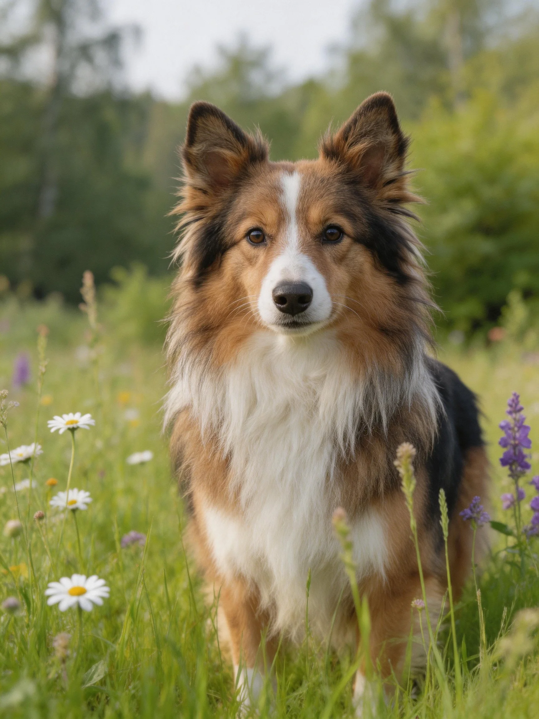 A tricolor dog stands calmly amid colorful wildflowers in a sunny meadow.
