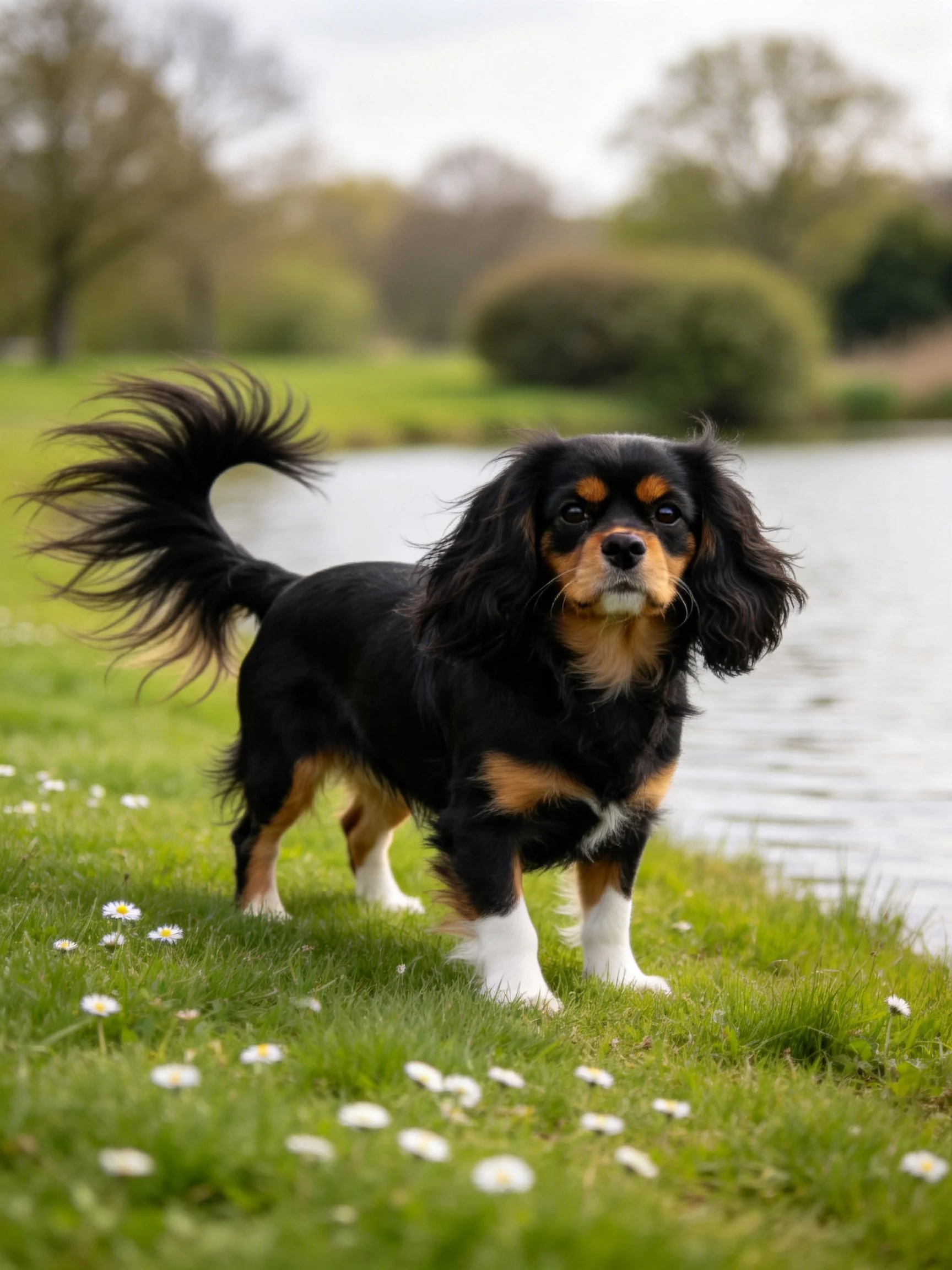 A tricolor dog stands on grass beside a calm lake