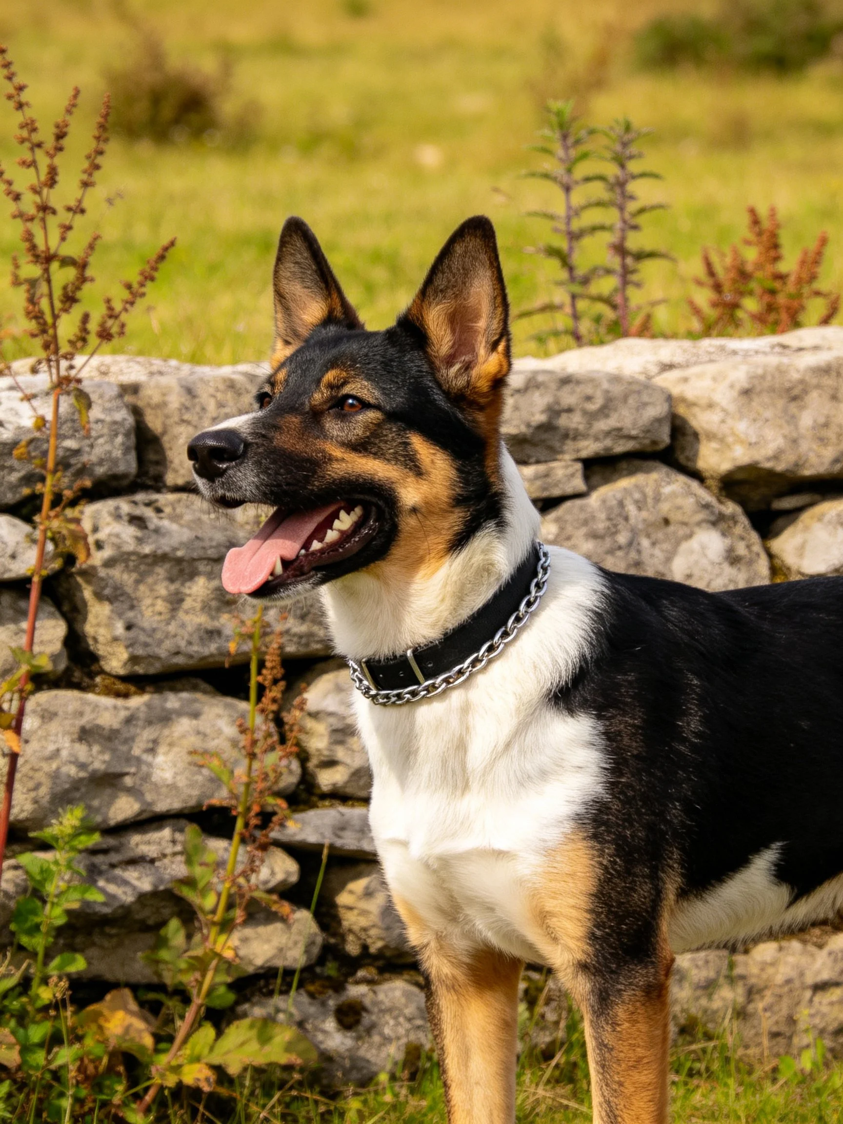A tricolor dog stands by a stone wall in a grassy field