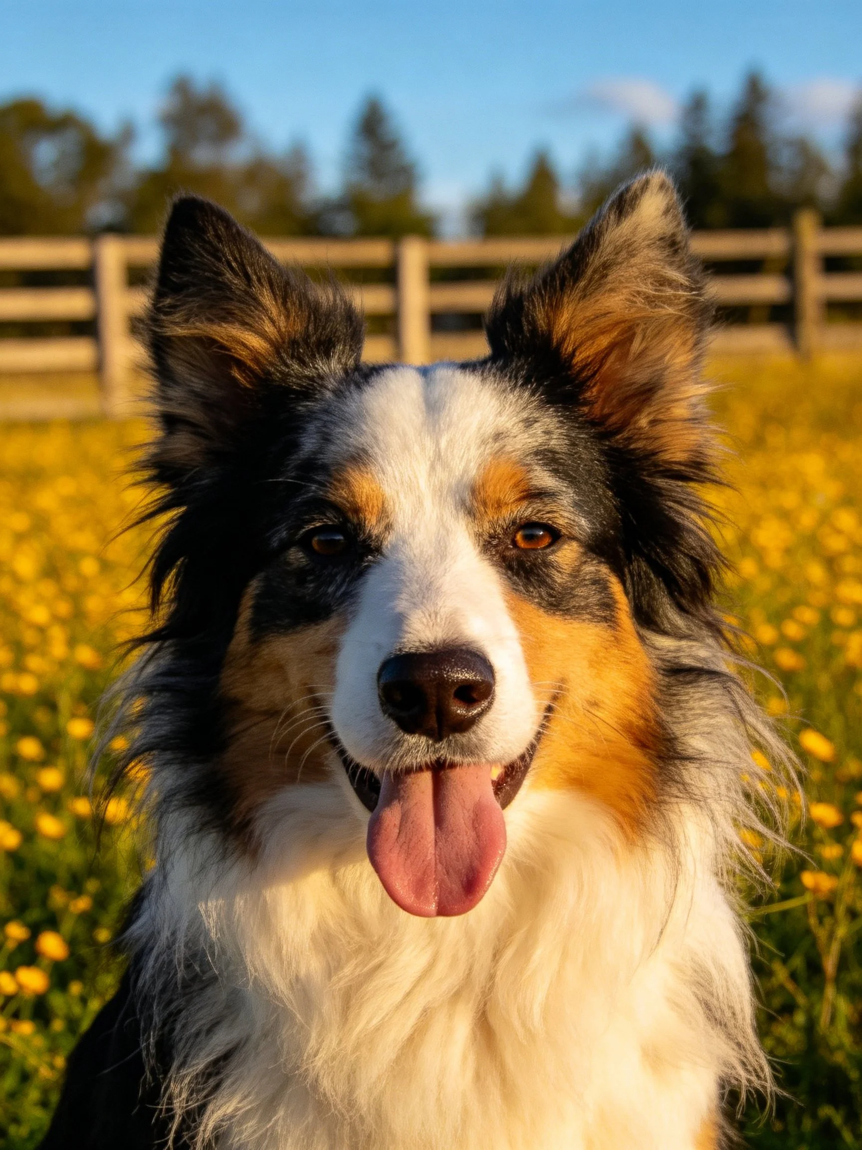 A tricolor dog stands in a field of yellow wildflowers near a wooden fence.