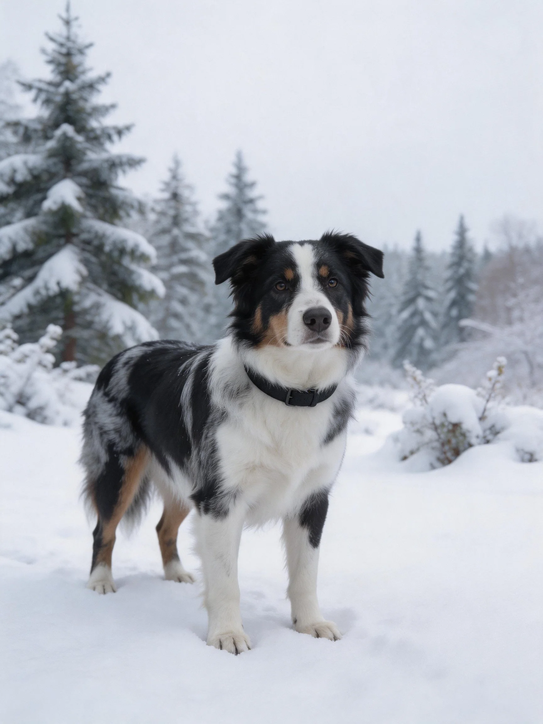 A tricolor dog stands in a snowy forest landscape