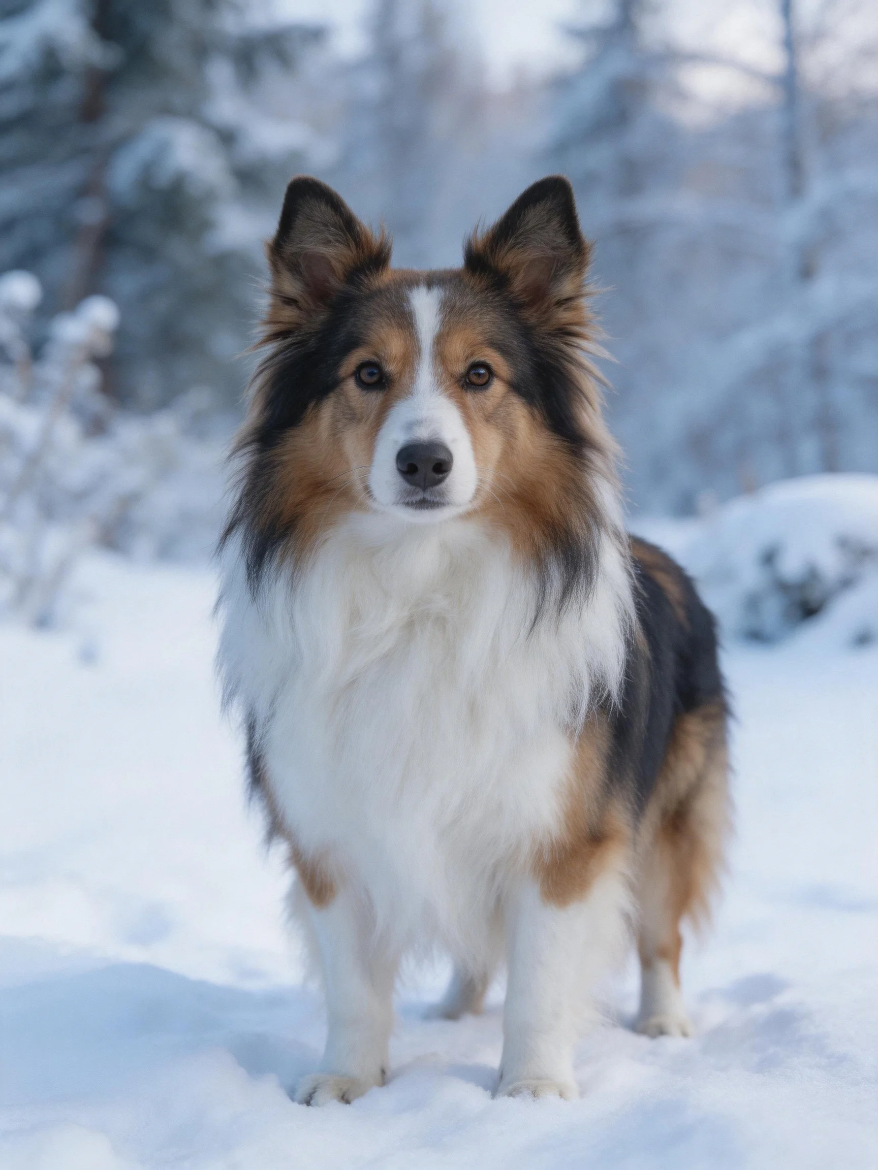 A tricolor dog stands calmly in a snowy outdoor setting.