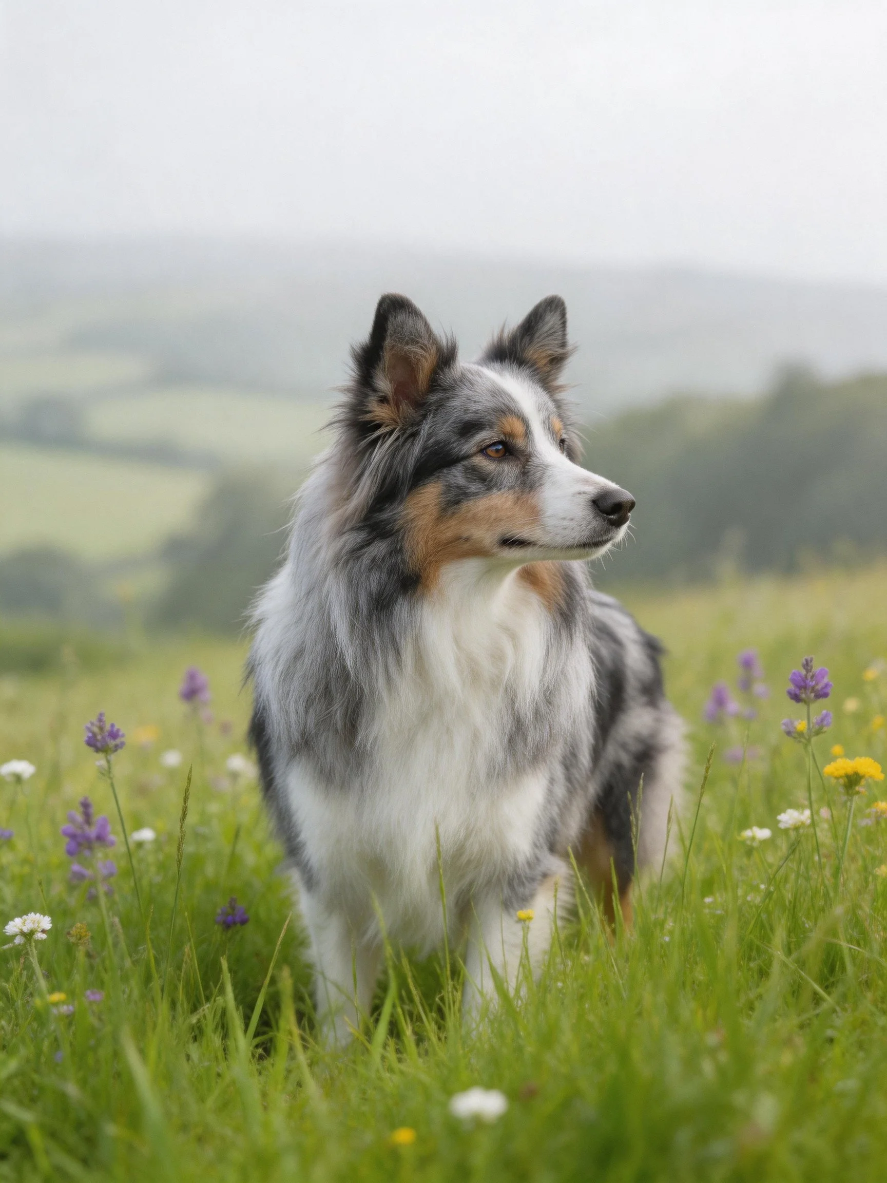 A tricolor dog observes the landscape from a field of wildflowers