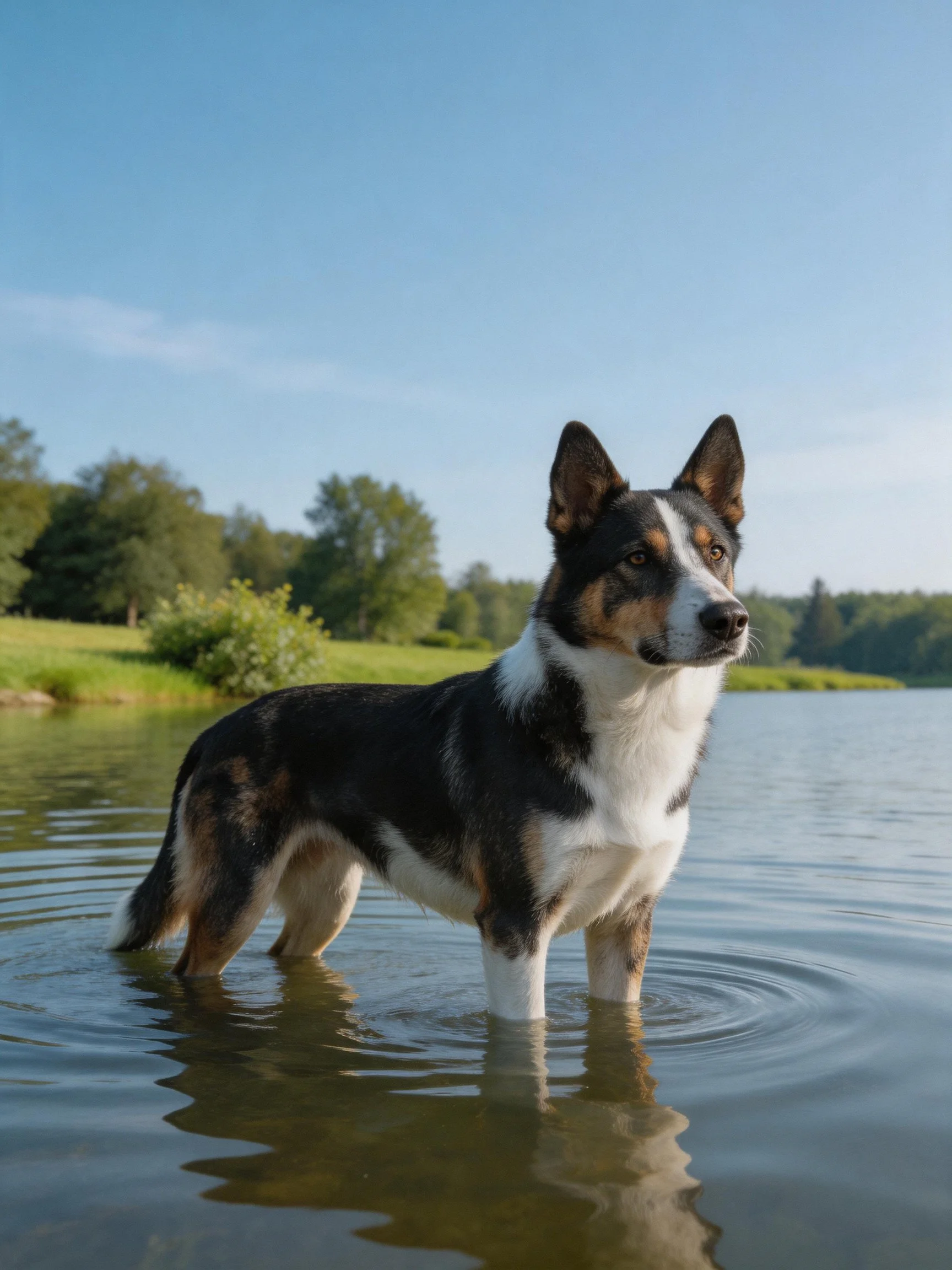 A tricolor dog stands in shallow lake water with green surroundings