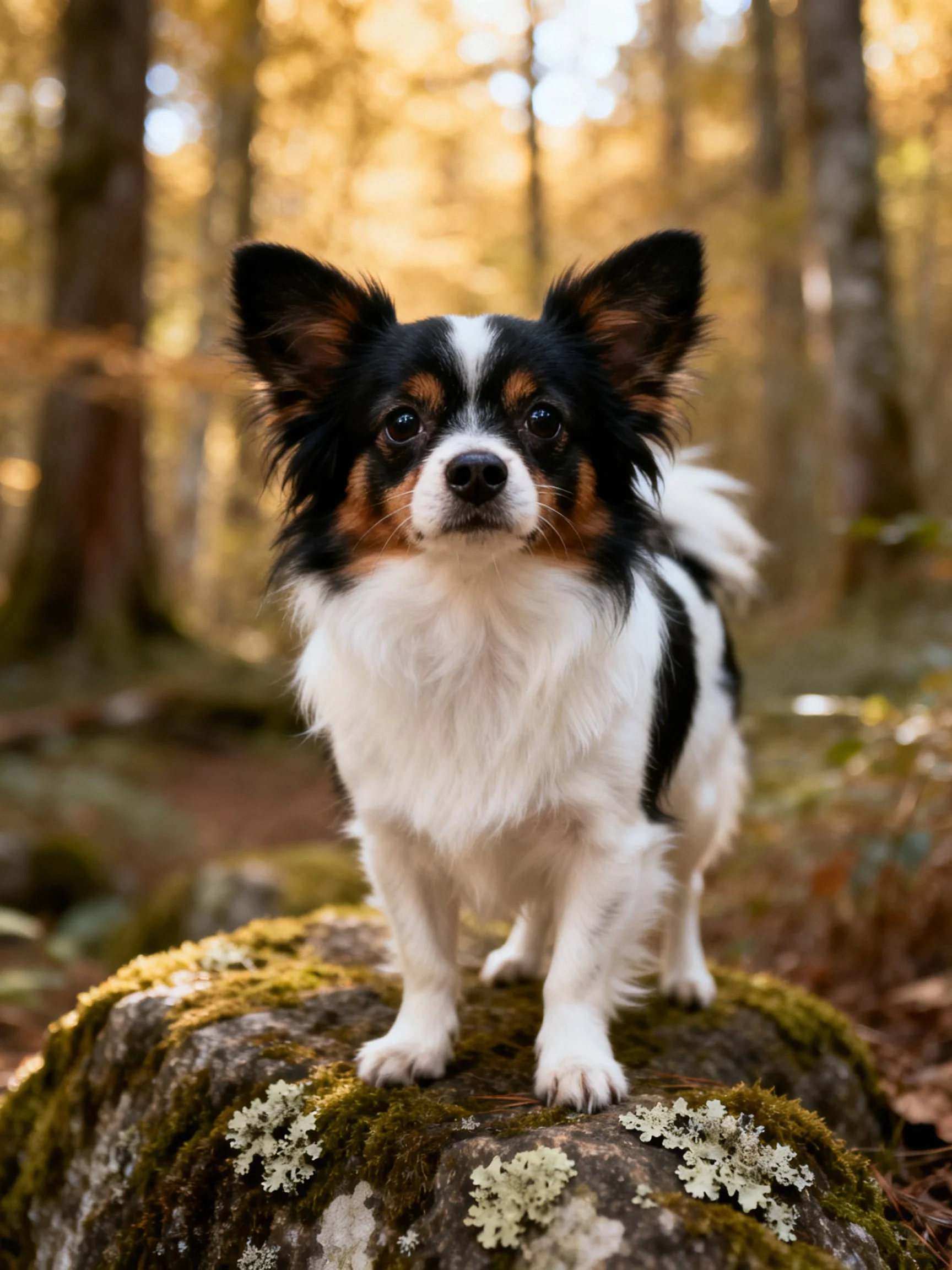 A tricolor dog stands on a moss-covered rock in a sunlit forest setting