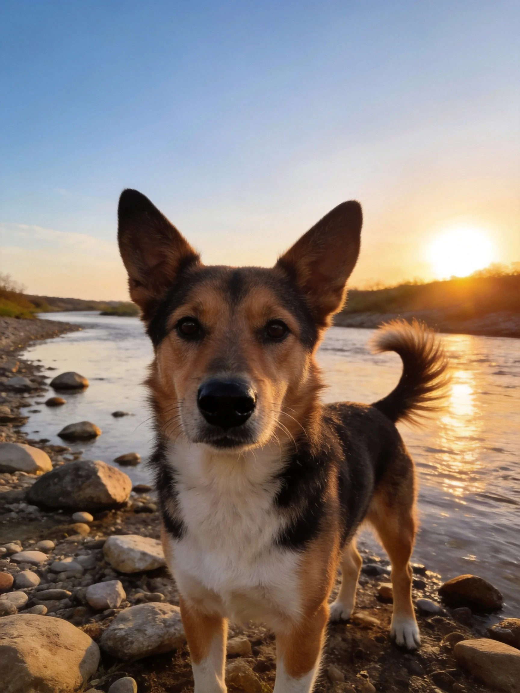 A tricolor dog stands on a rocky riverbank at sunset