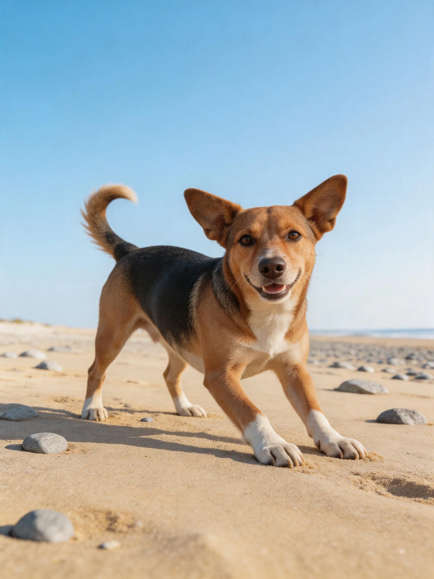 A tricolor dog stands on a rocky sandy beach
