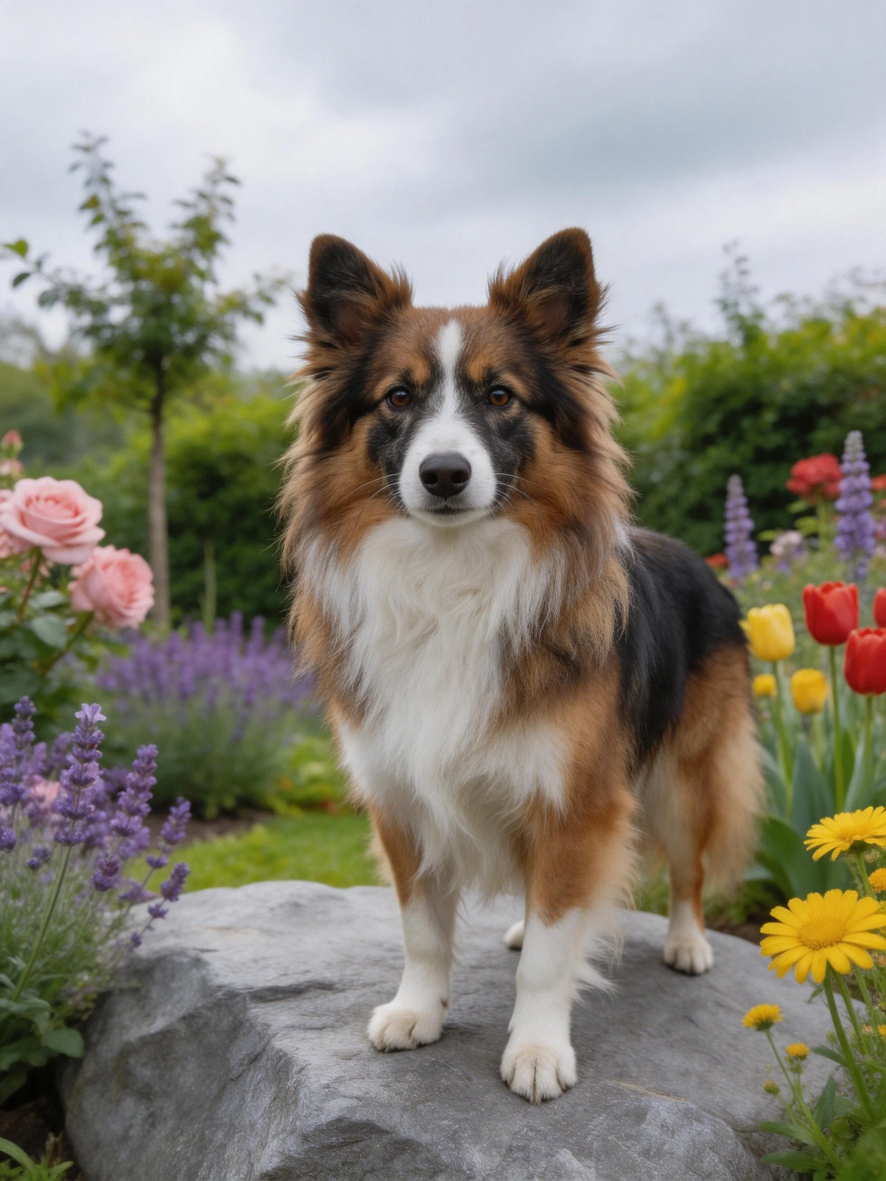 A tricolor dog stands on a stone in a flower-filled garden.