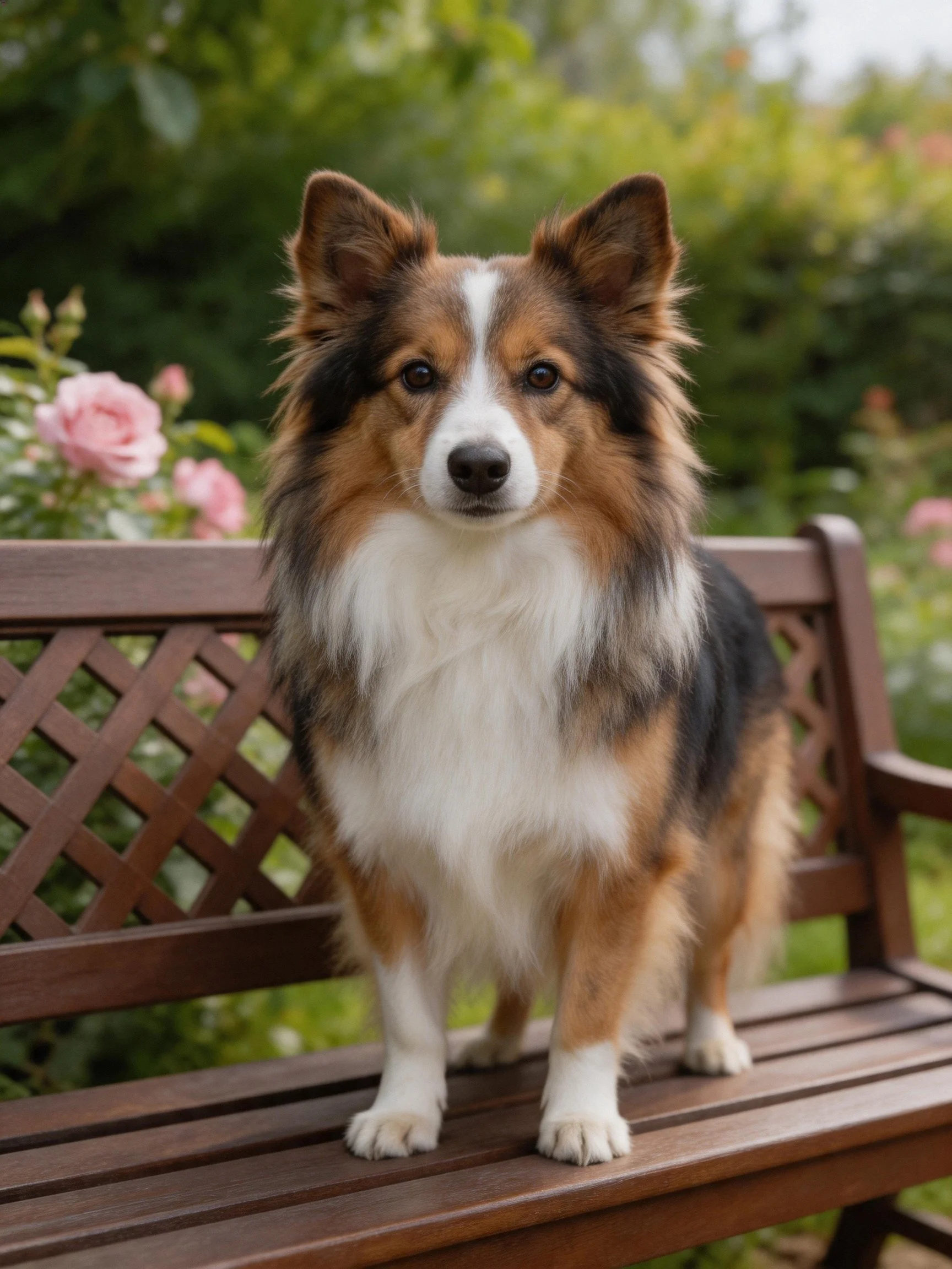A tricolor dog stands on a wooden bench among greenery and pink roses
