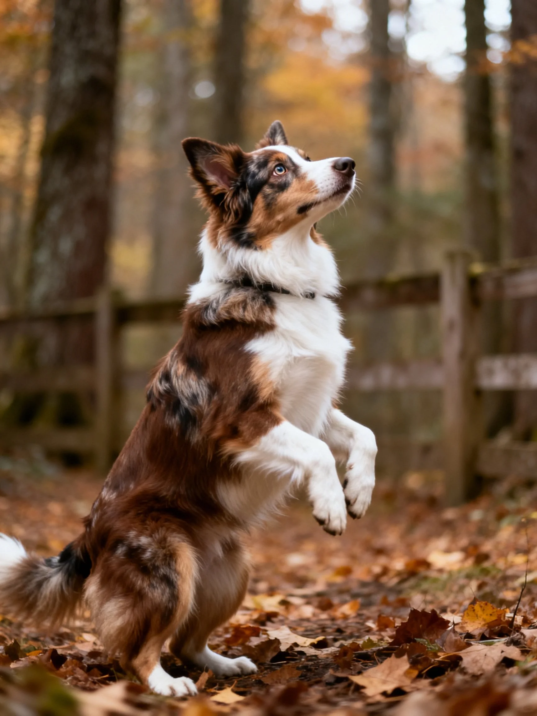 A tricolor dog stands on hind legs in an autumn forest