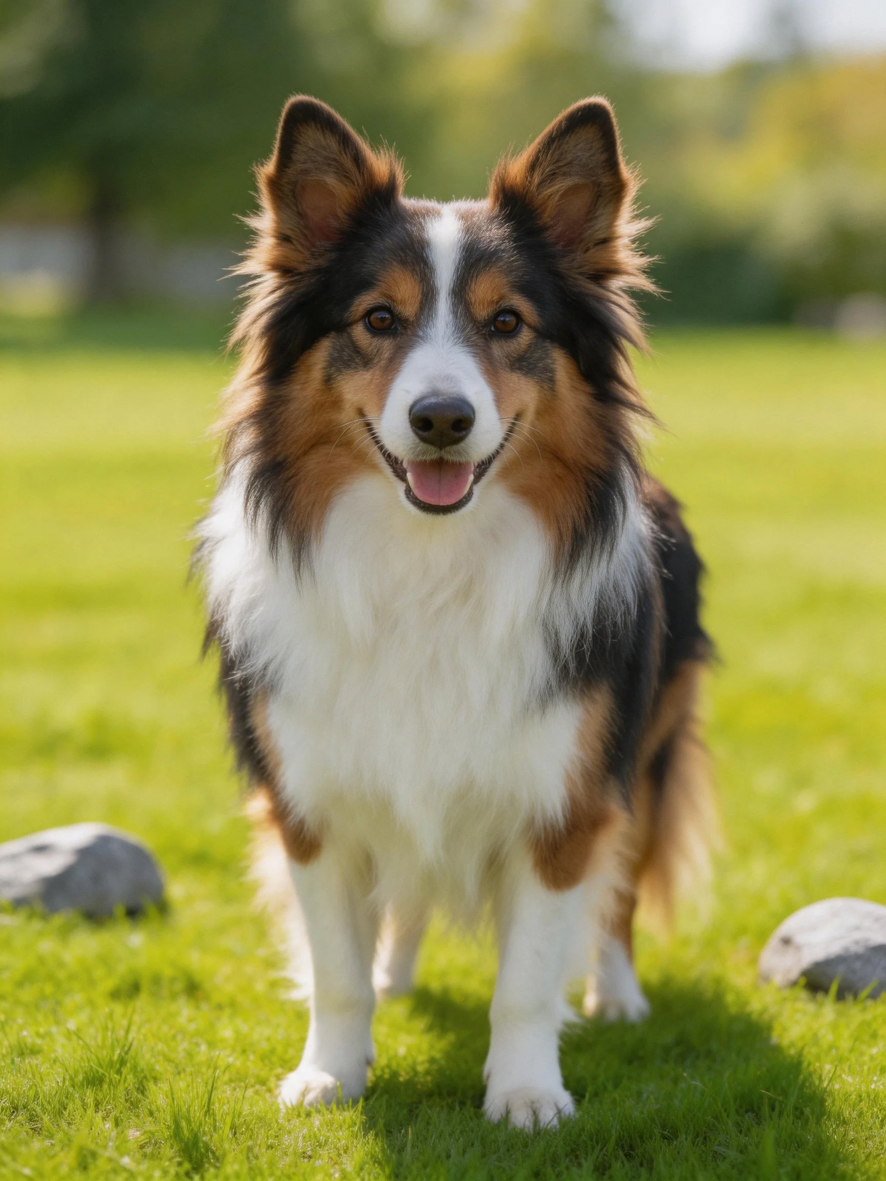 A tricolor dog stands happily in a sun grassy area